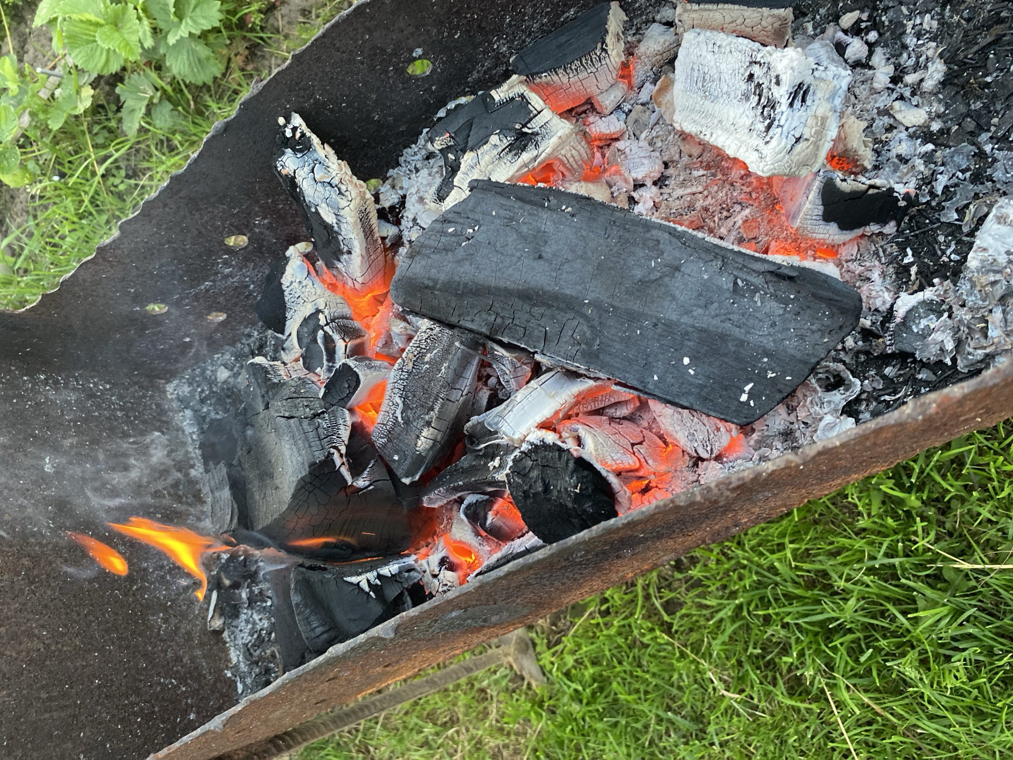 A close-up, high-angle shot captures a barbecue grill filled with burning charcoal and embers. The grill is made of dark metal and sits on a grassy area. The charcoal is glowing red and orange, with some pieces of wood still burning and producing smoke. The surrounding grass is green and appears to be in a natural setting. The location is identified as Novyi Ural, Russia.
