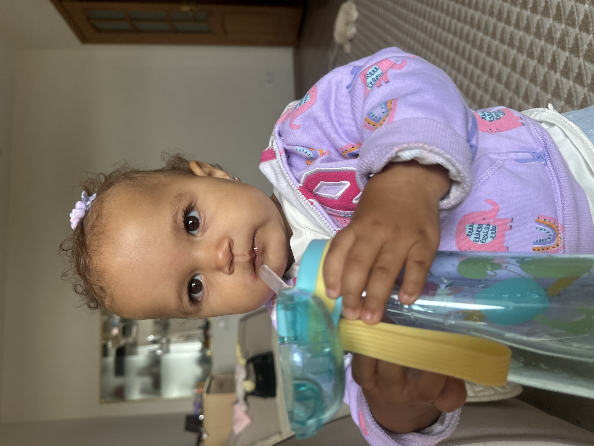 A young child, likely a toddler, is pictured in a close-up, medium shot, holding a sippy cup. The child has brown curly hair, dark eyes, and light brown skin. They are wearing a light purple hooded jacket with a pink "B" and a pattern of pink elephants. A small lavender flower clip is visible in the child's hair. The child's gaze is directed towards the viewer. The background suggests an indoor setting, possibly a living room, with furniture and a doorway visible. The floor is covered with a patterned rug. The child is positioned centrally, with the sippy cup prominently held in their hands. There is a small droplet of liquid on the child's chin. The lighting is soft and natural, creating a warm ambiance. The setting is a domestic interior.