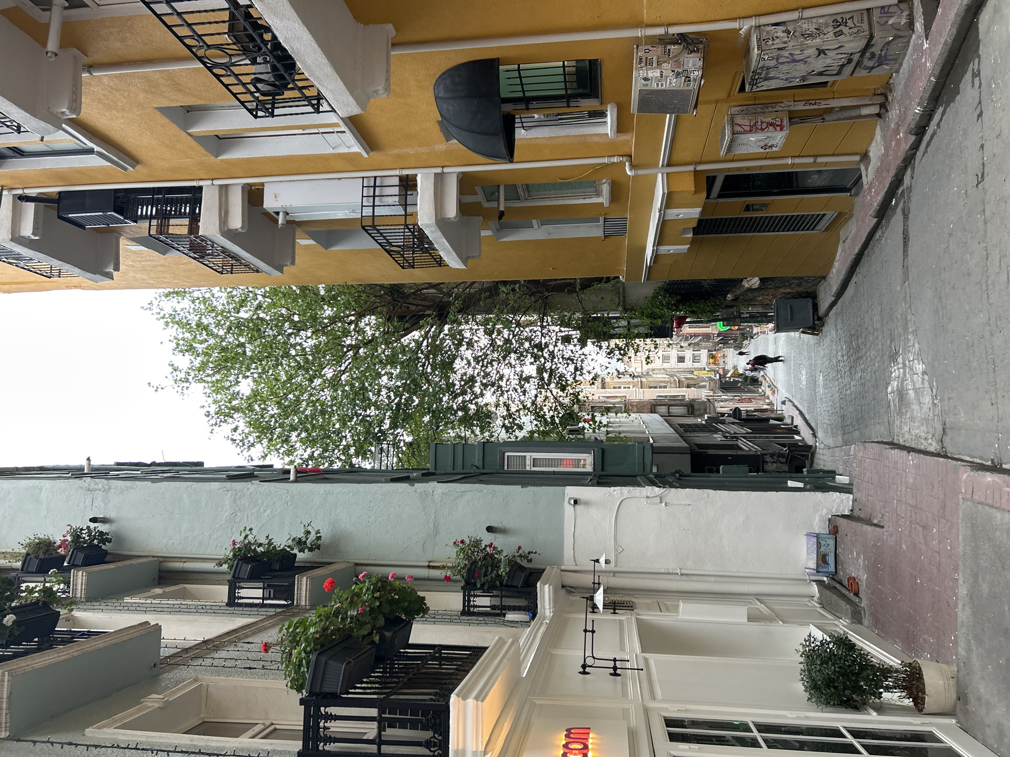This street scene in Beyoğlu, Turkey shows a narrow street lined with buildings. The building on the left is painted in shades of blue and white, with balconies adorned with flower boxes. The building on the right is painted yellow and white, with balconies and window fixtures. A large tree in the center of the frame obscures the view further down the street. At the end of the street, several people are visible. The street is paved, and the sky is overcast.