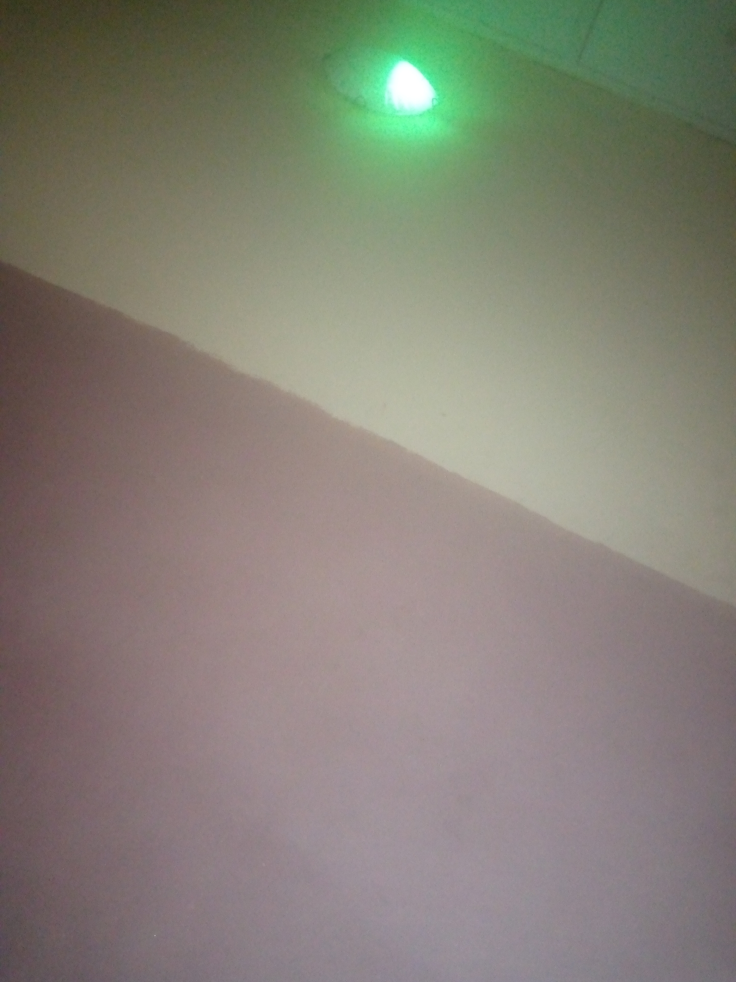 The image shows a portion of a wall with a light source emanating a green glow from the top left corner. The wall appears to be painted in two different colors, with a lighter shade at the top and a darker, muted purple shade covering the rest of the visible area. The transition between the two colors forms a diagonal line across the frame. The lighting is uneven, with the bright green light creating a spotlight effect on the upper portion of the wall. The scene is static and devoid of any visible people or distinct objects, suggesting an interior view of a room or corridor. The overall impression is one of minimal detail and low visibility due to the abstract nature of the composition.