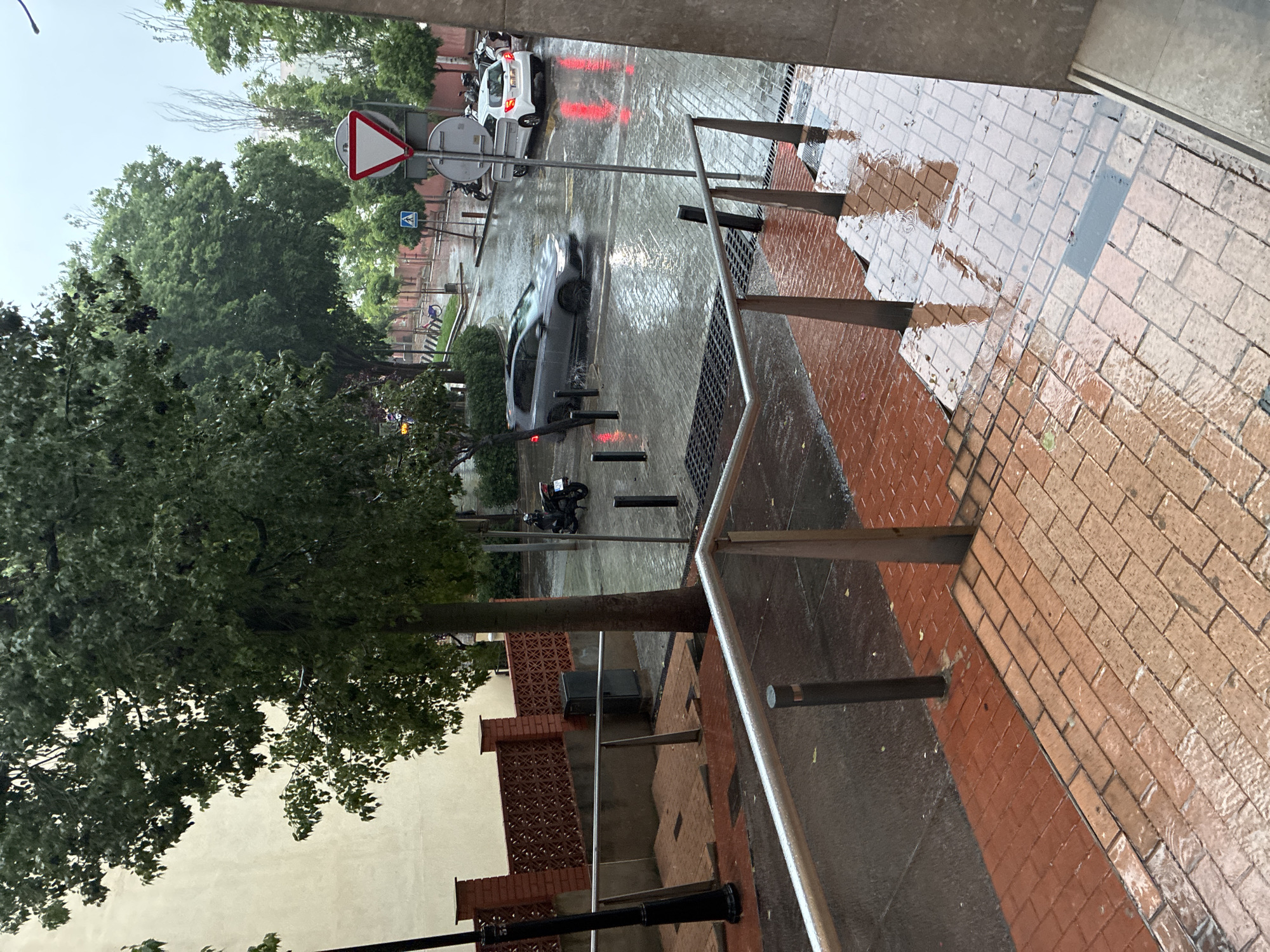 The image depicts a street scene in Esplugues de Llobregat, Spain, on a rainy day. The view is from an elevated position, possibly a building or balcony, looking out onto a street with vehicular and pedestrian traffic.
**Environment:** The street is wet from the rain, reflecting light and creating a sheen on the pavement. Trees line the street, their foliage appearing lush and dark from the moisture.
**Objects:** A grey car is driving through the rain on the street. There's also a white vehicle in the distance. Street signs are visible, including a triangular yield sign. A silver-colored railing runs along the edge of the elevated position from which the photo is taken. A brick-paved sidewalk.
**Location:** Based on the architectural style and street layout, this scene takes place in Esplugues de Llobregat, Spain.
**Action:** Cars are moving through the rain, and it appears that people are walking.