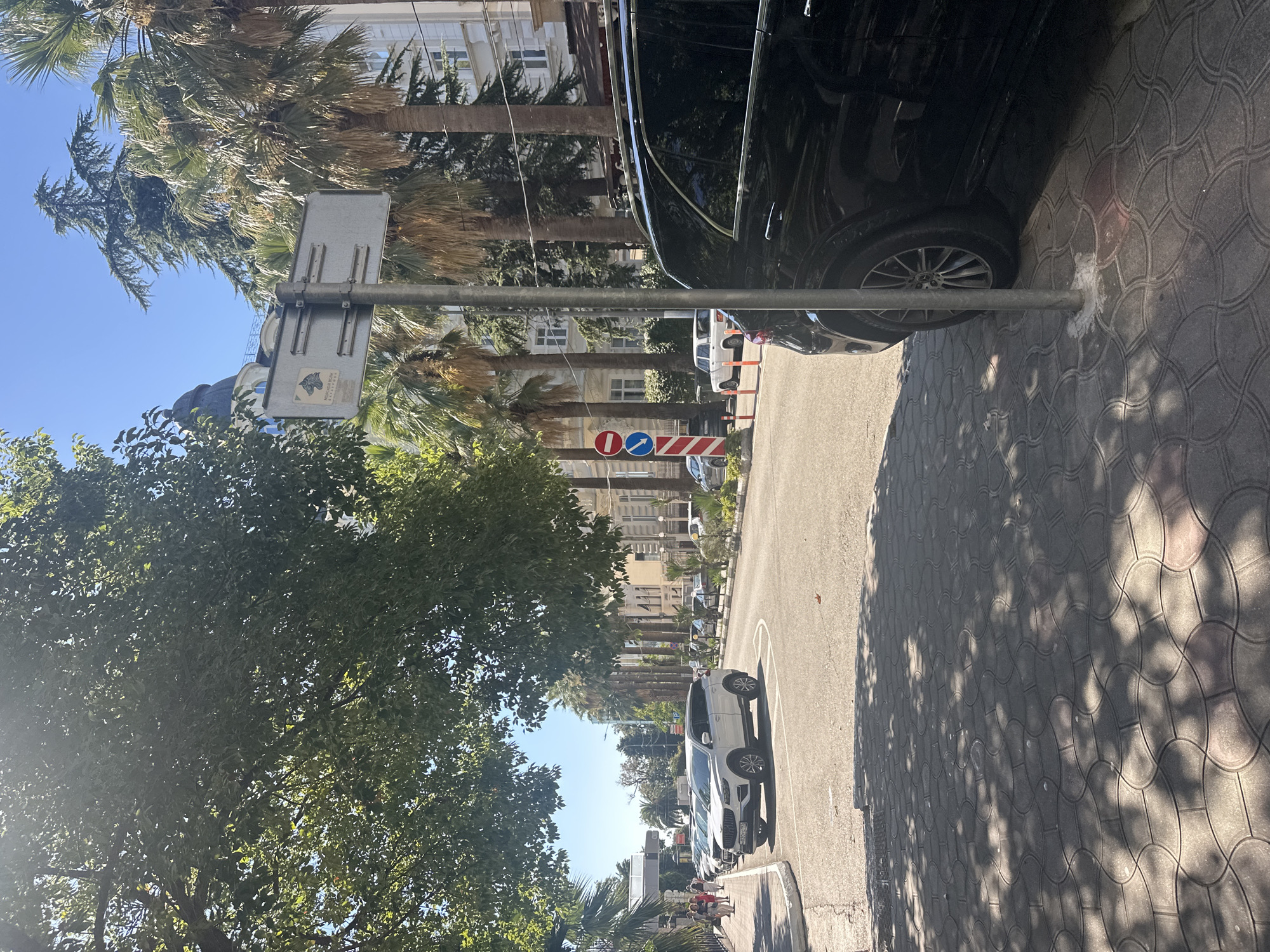 The image depicts a sun-drenched street scene in Sochi, Russia, likely near the sea. The foreground is dominated by a black SUV parked on a paved sidewalk with a distinctive interlocking tile pattern, casting dappled shadows from overhead trees. A metal pole, possibly a street signpost, is partially visible in front of the SUV. Beyond the sidewalk, a paved road curves gently, with a white SUV prominently parked in a marked bay. Further down the road, a line of parked cars and a white sedan are visible. The street is lined with palm trees and leafy green trees, with multi-story buildings forming the backdrop. A traffic sign with a red circle and a blue arrow, along with another sign with a red circle and a diagonal bar, are visible on a pole further down the street, indicating traffic regulations. People are sparsely present, with a few individuals walking on the sidewalk to the left of the white SUV. The sky is clear and blue.