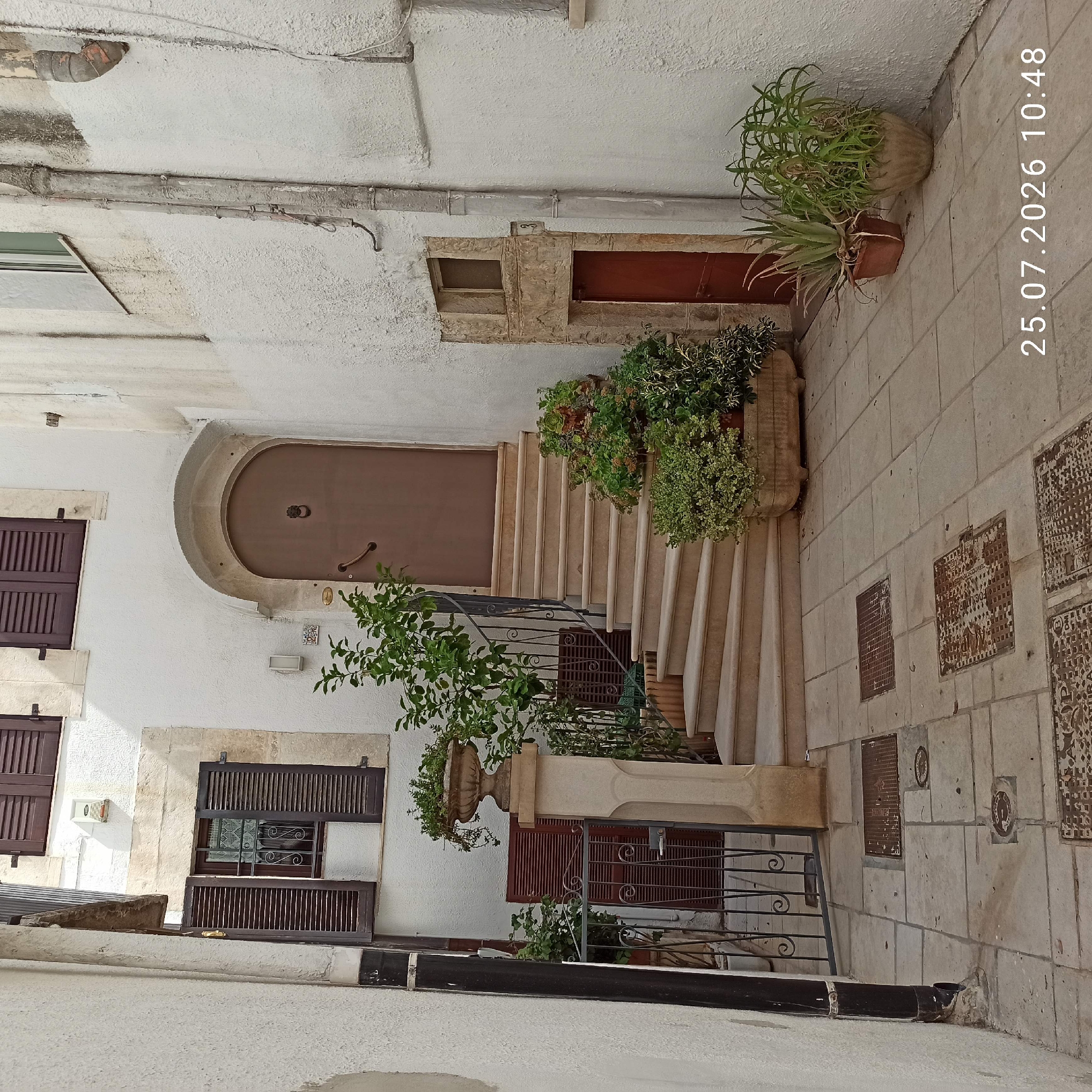 The image shows a narrow alleyway in Ruvo di Puglia, Italy, paved with large stone tiles. On the left, a rough, textured white wall is prominent, with a dark, cylindrical downspout running vertically. Adjacent to this is a black metal gate with decorative scrolls, which is slightly ajar, revealing a dark door behind it. A stone pillar with a decorative urn containing greenery stands to the right of the gate.
The alley opens up to a staircase leading to an arched, brown wooden door with a lion's head knocker. The staircase is made of light-colored stone and has planters with various succulents and other plants at its base. Further to the right, another white wall is visible, with a small, dark red door and a window above it set into a stone frame. Two potted aloe plants are situated on the paved ground near this wall.
Several square metal grates are embedded in the paving stones of the alley. The overall impression is one of an old, charming European street. The date stamp "25.07.2026 10:48" is visible in the lower right corner of the image. There are no people or animals in the scene.