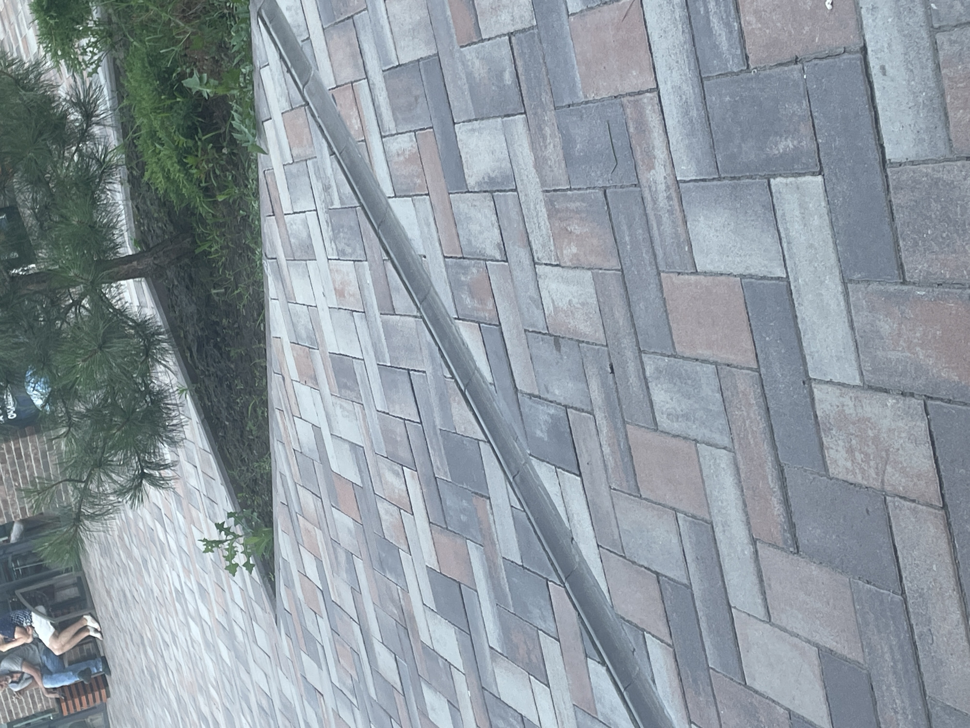 The image shows a close-up view of a paved walkway with a drain running diagonally across it. The paving stones are a mix of rectangular and square shapes in various shades of grey, brown, and beige, laid in an alternating pattern. In the background, two people are seated on a bench next to a building with a large window. A pine tree and some green plants are visible in a raised garden bed next to the walkway. The lighting suggests it is daytime.