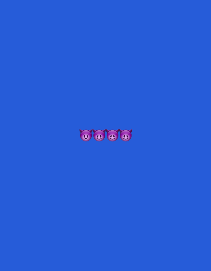 Four purple devil emojis are horizontally aligned in the center of a solid royal blue background. The emojis are evenly spaced and appear to be of the same size and style, with small horns and mischievous grins. The leftmost emoji has furrowed brows, while the other three have slightly curved eyebrows.