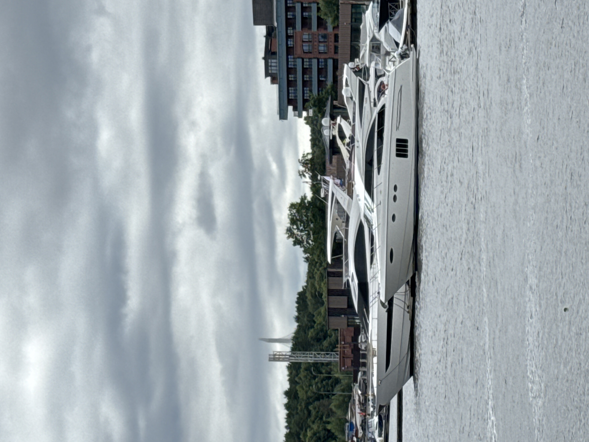 Two white motor yachts are docked side-by-side on a gray, choppy body of water. The yachts have sleek designs with dark-tinted windows and chrome accents. In the background, a dense green forest is visible, with a tall, thin, white metal tower and a slender, spire-like structure in the distance. To the right of the forest is a multi-story brick building with numerous dark-paned windows. The sky is overcast with heavy, gray clouds. The scene appears to be a harbor or marina in Saint Petersburg, Russia, likely on a cloudy day.