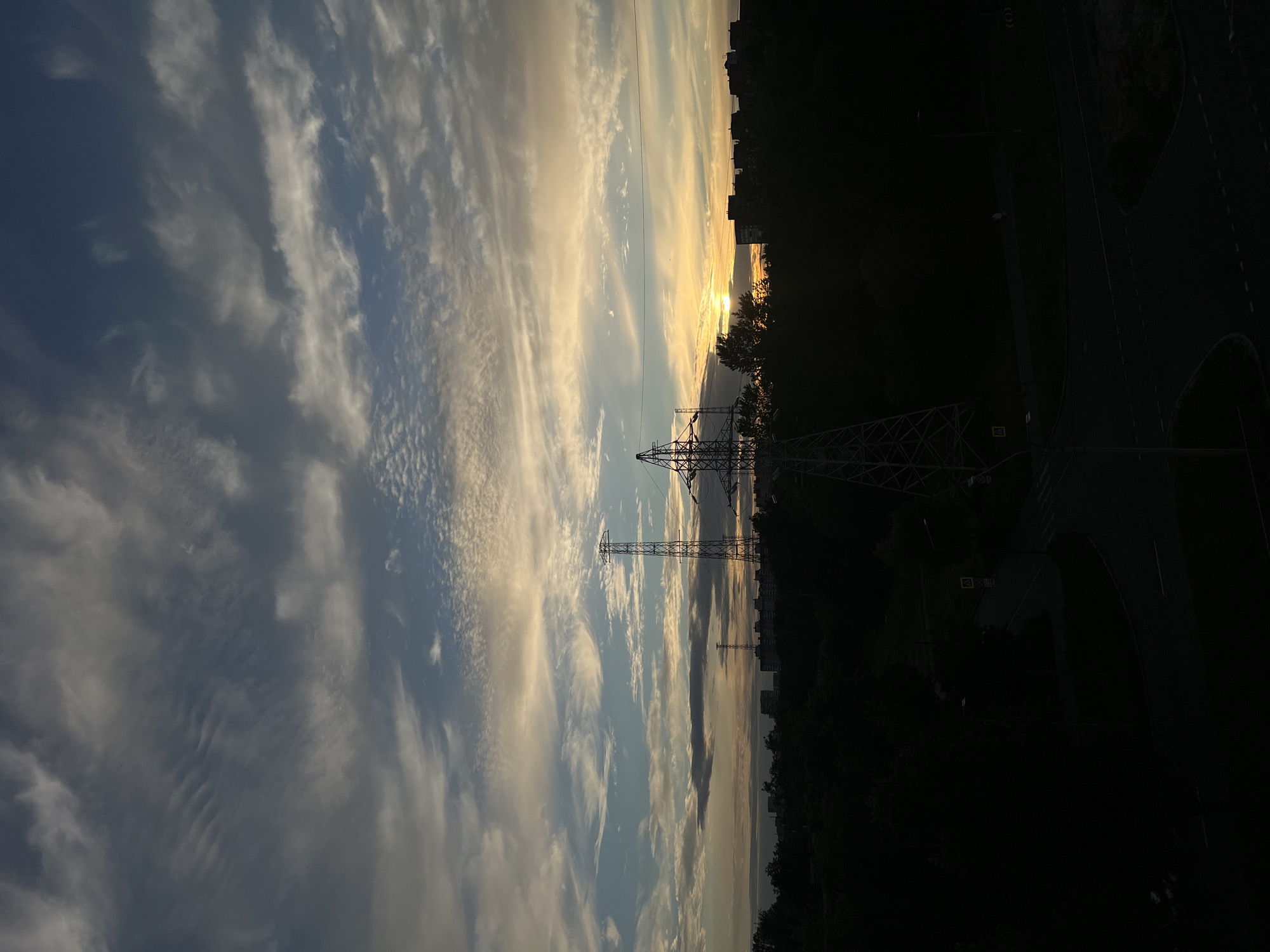 The image captures a dusky, wide-angle view of a city skyline, likely in Saint Petersburg, Russia, dominated by the silhouette of trees and apartment buildings against a dramatic sunset sky. Two prominent metal electricity pylons stand out against the horizon, one taller and closer to the foreground than the other, which is further in the distance. The sky is a canvas of wispy, elongated clouds with streaks of gold and orange from the setting sun, transitioning to darker blues at the top. Below the sky, a dense line of dark green trees forms a natural barrier separating the sky from the urban landscape. The buildings of the city are visible as dark, rectangular shapes behind the trees. In the foreground, the scene transitions into darkness, revealing glimpses of a road intersection with streetlights and road markings, suggesting a residential or industrial area within the city. The overall impression is one of a city at dusk, with infrastructure and nature coexisting under a fading, colorful sky.