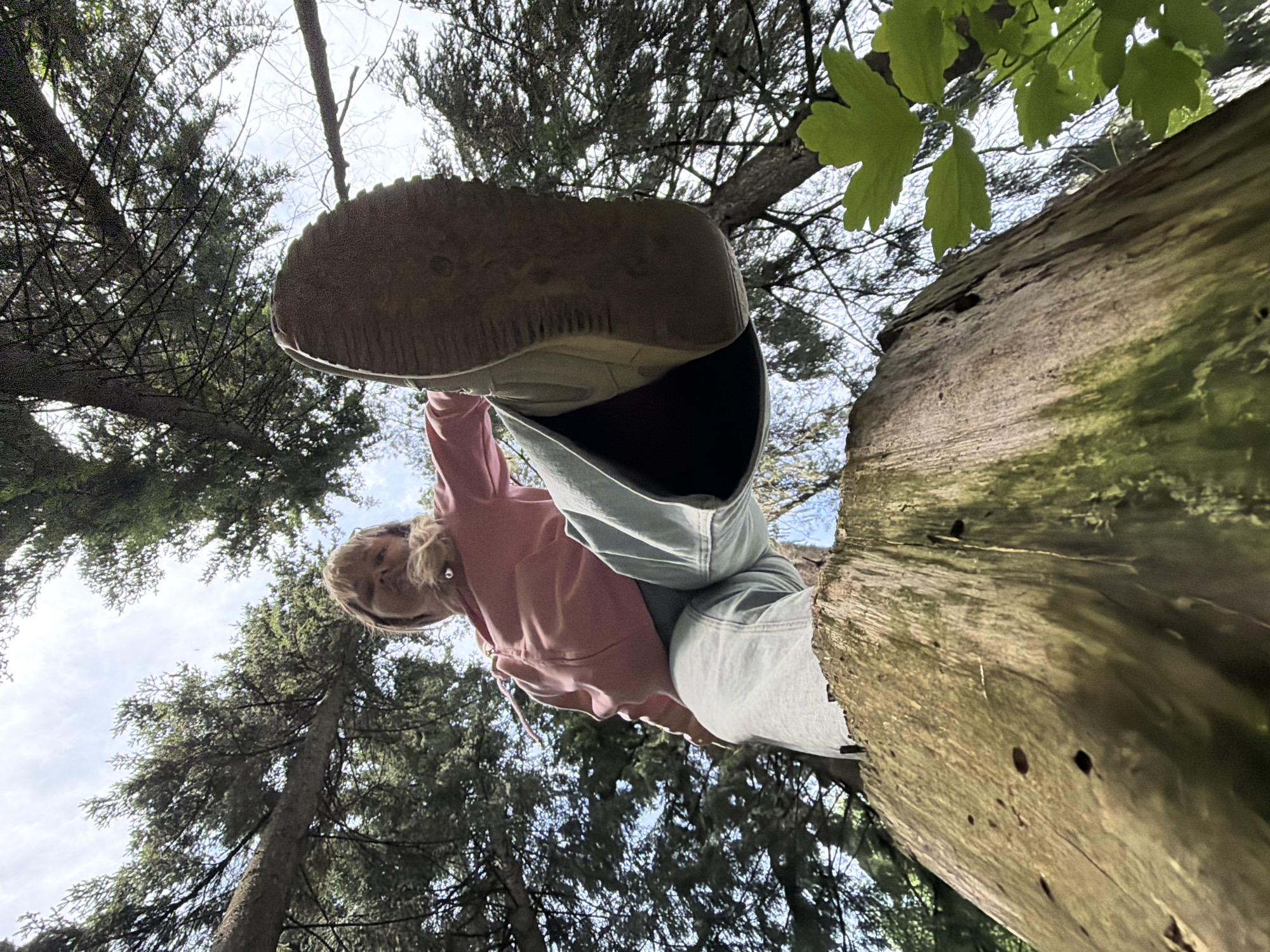 This low-angle photograph captures a person stepping or standing over a large, weathered log in a wooded area near Chaikovsky, Russia. The perspective is from directly below, looking up towards the subject and the sky through dense tree canopies.
The main subject, partially visible, is a person wearing a pink hooded sweatshirt and light-colored pants. Their head, with blonde or light brown hair, is visible near the upper left. One foot, encased in a beige or light brown shoe with a sturdy, textured sole, is prominently featured in the immediate foreground, appearing large due to the extreme low-angle shot. The person's other foot is resting on a thick, horizontal tree trunk or log that extends across the middle right of the frame. This log has rough, textured bark and patches of green moss or lichen.
In the background, numerous tall evergreen trees, likely fir or spruce, stretch upwards against a bright, cloudy sky. Their dark branches and needles create a dense pattern against the lighter sky. A few bright green, broad-leafed plants are visible near the top right, adding a contrasting touch of color. The image conveys a sense of outdoor activity, such as hiking or exploring, on a bright, daytime. No discernible text is visible.