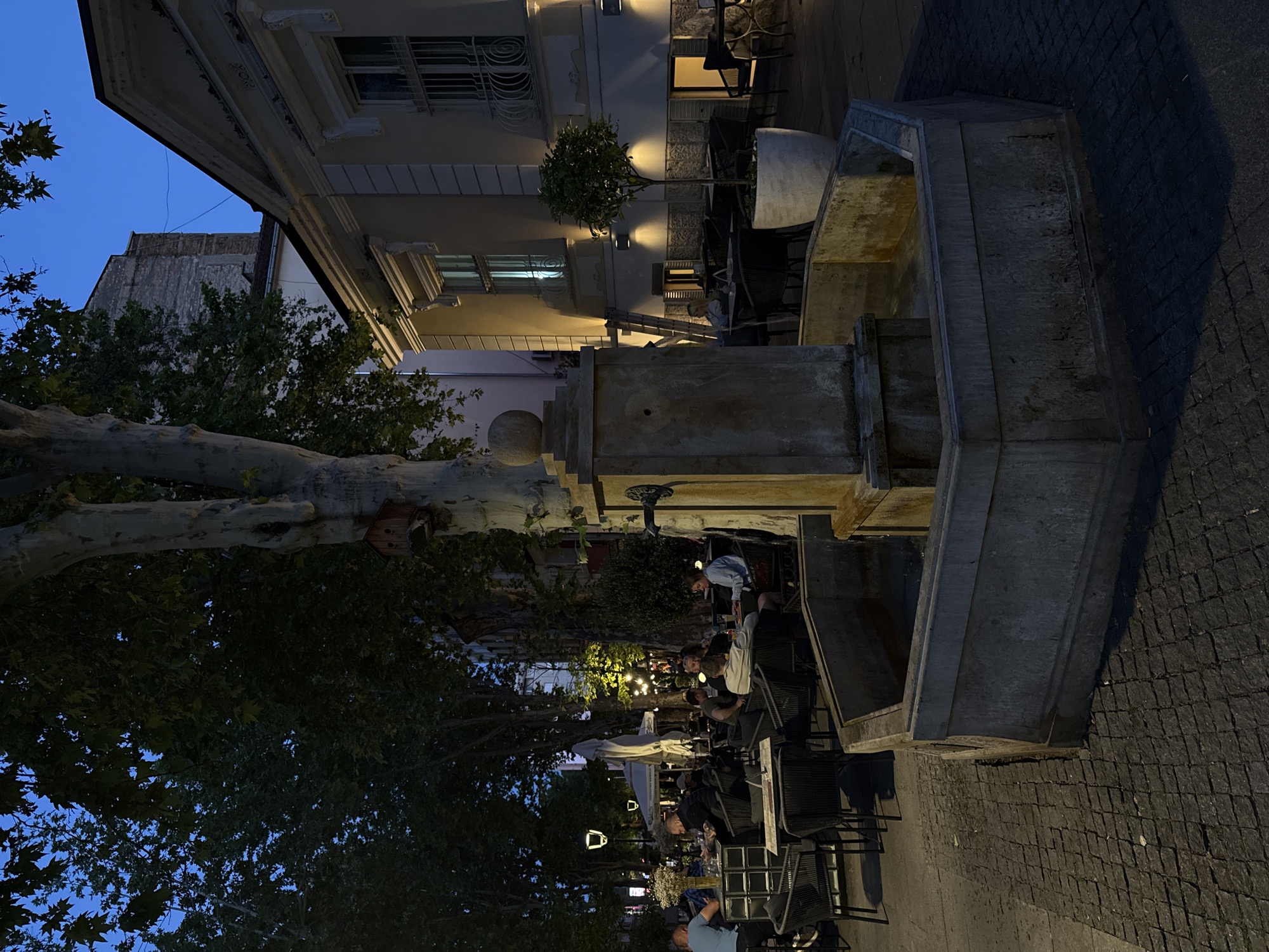 The image captures a dimly lit outdoor scene in Belgrade, Serbia. A stone fountain dominates the foreground, positioned adjacent to a pedestrian street paved with cobblestones. The fountain's design is characterized by stepped levels and a trough-like top.
People are seated at tables that line the street. Overhead lights are strung above the tables. A tree trunk and leaves are to the left, obscuring some of the skyline.
Behind the fountain, buildings are visible, lit by streetlights and building windows. The sky is a deep blue, suggesting either early evening or late night.