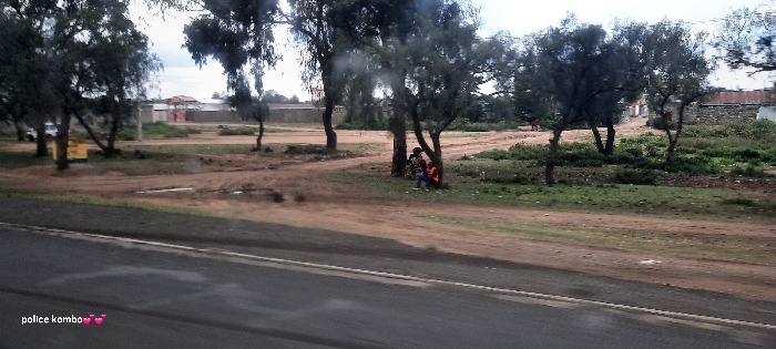 A scene shows a wide, dusty roadside landscape dotted with sparse trees. Two individuals are visible sitting near a tree, one wearing what appears to be an orange vest. Background features include distant buildings and a cloudy sky. The foreground is dominated by a gray road surface, indicating the shot was taken from a moving vehicle. The overall impression is one of a rural or semi-rural setting.
