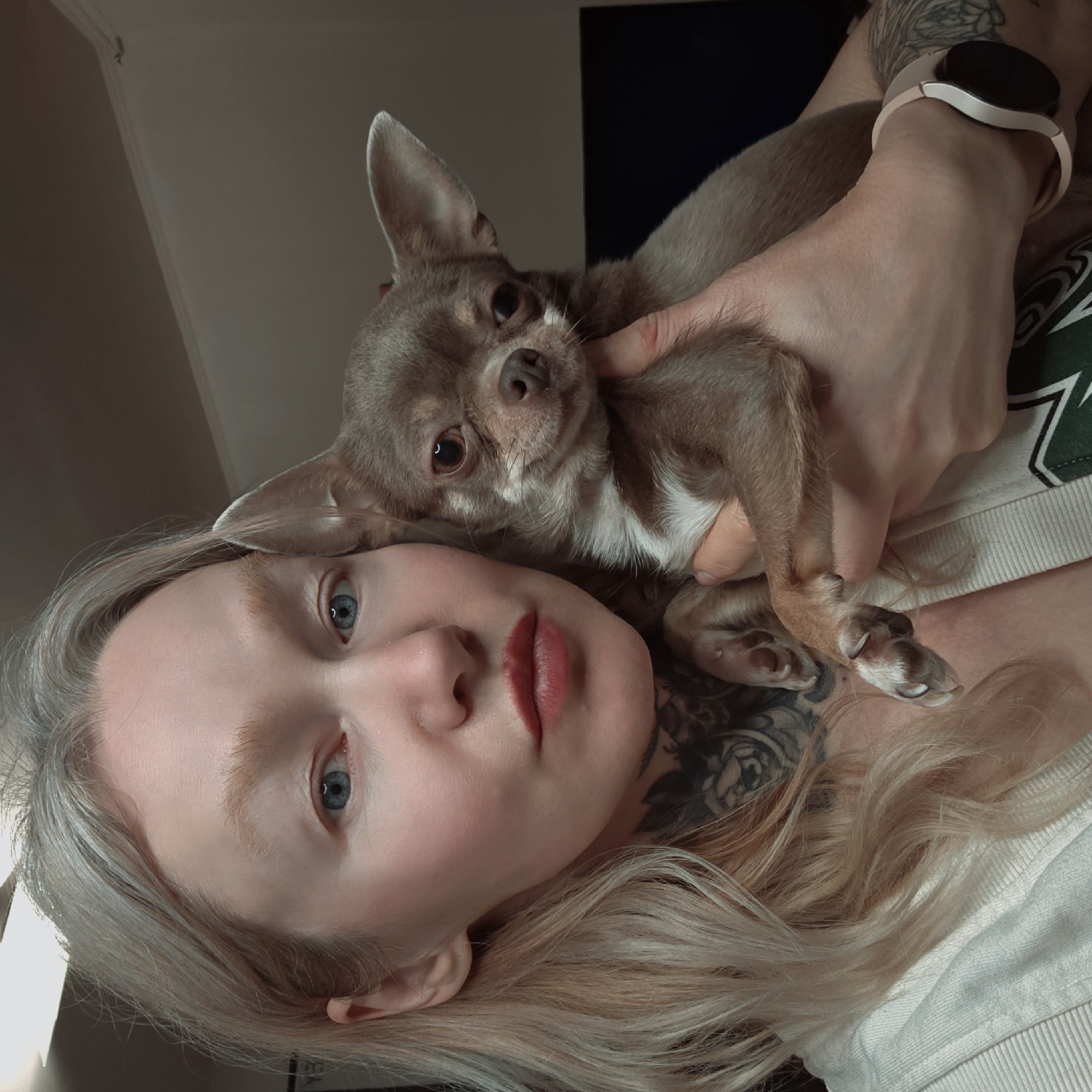 The image displays a close-up, indoor portrait of an adult female holding a small dog in Saint Petersburg, Russia. The female, positioned in the left foreground, has fair skin, light blonde hair with visible graying at the roots, and blue eyes. Her eyebrows are light, and she is wearing red lipstick. A dark, elaborate tattoo, primarily floral or organic in design, covers her neck and extends onto her left shoulder and arm. She is dressed in a light-colored, possibly ribbed, top. On her left wrist, a smartwatch with a light-colored band and a dark, circular face is present.
She is holding a small, short-haired Chihuahua with a light brown (chocolate) coat and distinct white markings on its chest and front paws. The dog has large, erect ears and dark eyes, looking towards the viewer with a neutral expression. Its paws, with visible claws, are held by the female's left hand.
The background consists of a plain, muted grayish-brown wall. White crown molding runs along the top edge of the wall where it meets the ceiling. A dark, rectangular object, consistent with a television screen or monitor, is partially visible in the upper right background. The scene is illuminated by an overhead light source, creating reflections in the subjects' eyes and on the female's forehead.