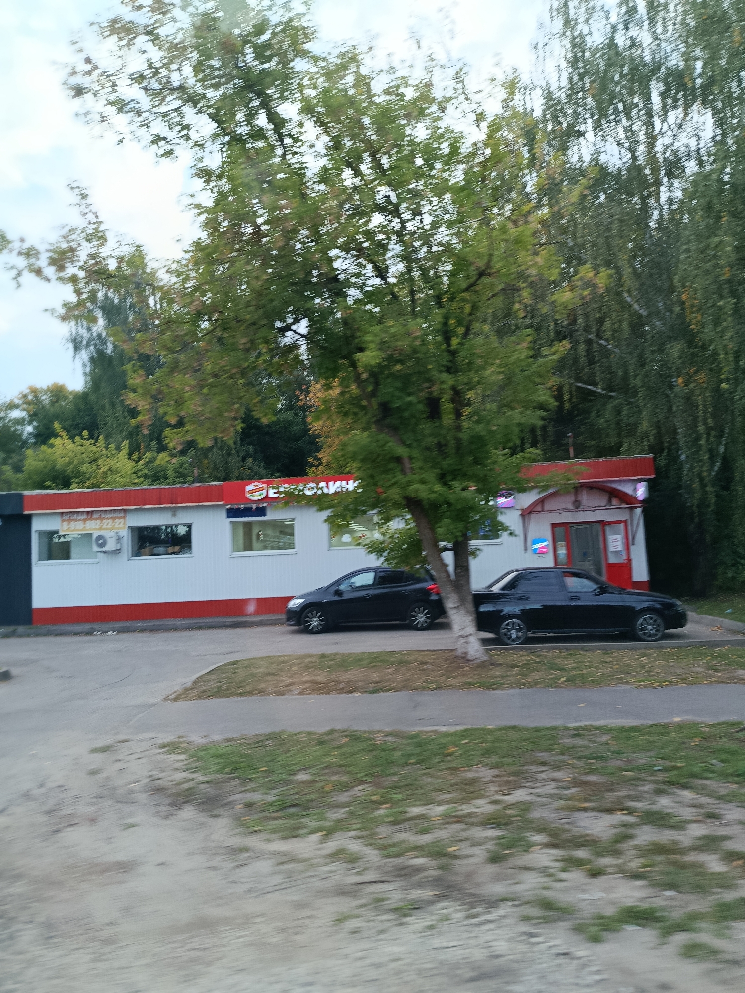 The image depicts a storefront in the city of Vereya, Russia. The building is a long, low structure with a white facade and a red roof. It has several windows and an air conditioning unit visible. A sign above the entrance reads "ВЕРЕВОЛОК" in red letters. Two black cars are parked in front of the building. The scene is framed by trees with green and some autumn-colored leaves, suggesting it is either late summer or early autumn. The foreground shows a paved area and a strip of grass. The overall impression is a commercial building situated in a somewhat suburban or outskirt area of the city.
