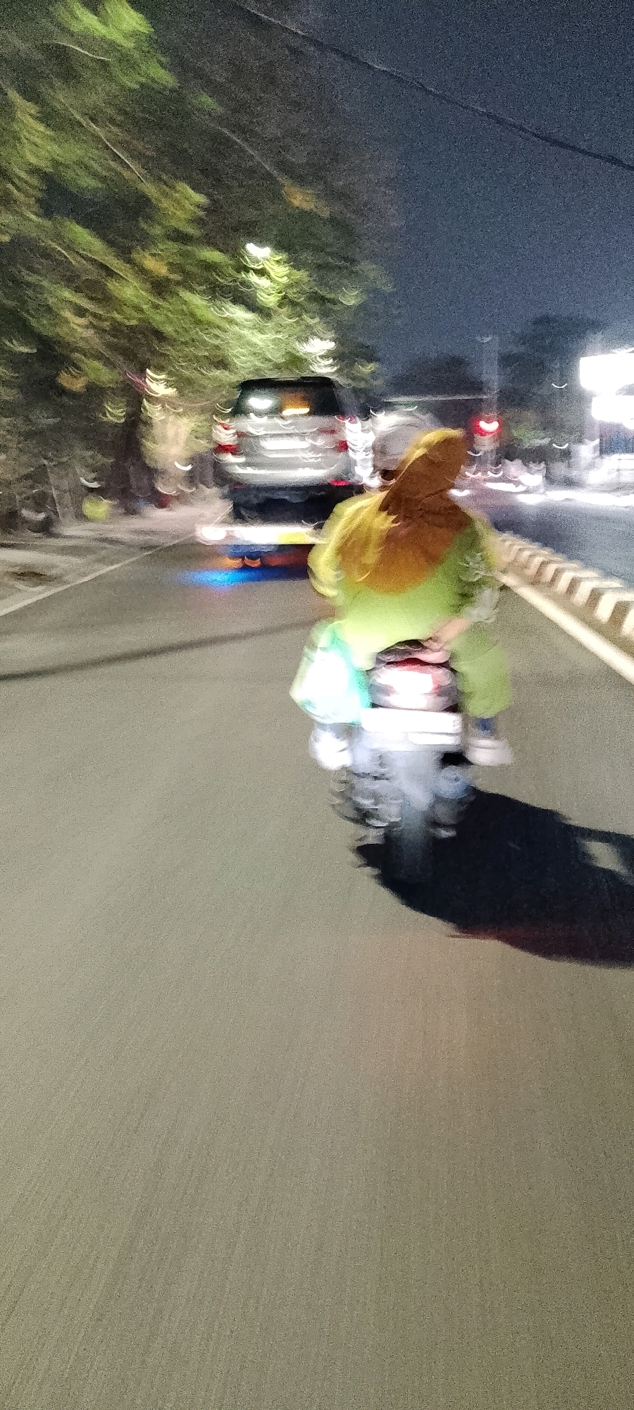 A person wearing a green hijab and a lime green tunic is riding a motorcycle on a paved road at night. The motorcycle is moving, indicated by the motion blur in the image. A silver SUV is visible in front of the motorcycle. The environment appears to be urban, with trees lining the side of the road and streetlights illuminating the scene. The image's overall quality is poor due to blur and low light conditions, making precise details difficult to discern. Based on context, the image was taken in Bekasi, Indonesia.