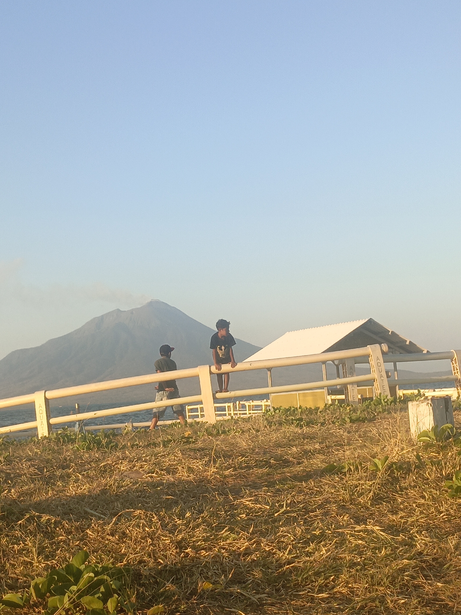 In Lewoleba, Indonesia, two boys are seen near a fence with a large mountain in the background. The boy on the right is sitting on the fence, wearing a black t-shirt and shorts. The boy on the left is standing, facing away from the camera, wearing a dark t-shirt, shorts, and a cap. A building with a white roof is visible behind the fence. The scene appears to be near the coast, with the ocean visible behind the fence. The ground in the foreground is covered with dry grass and some green plants. The sky is clear and blue. The mountain in the background shows a plume of smoke or steam rising from its peak, suggesting volcanic activity.