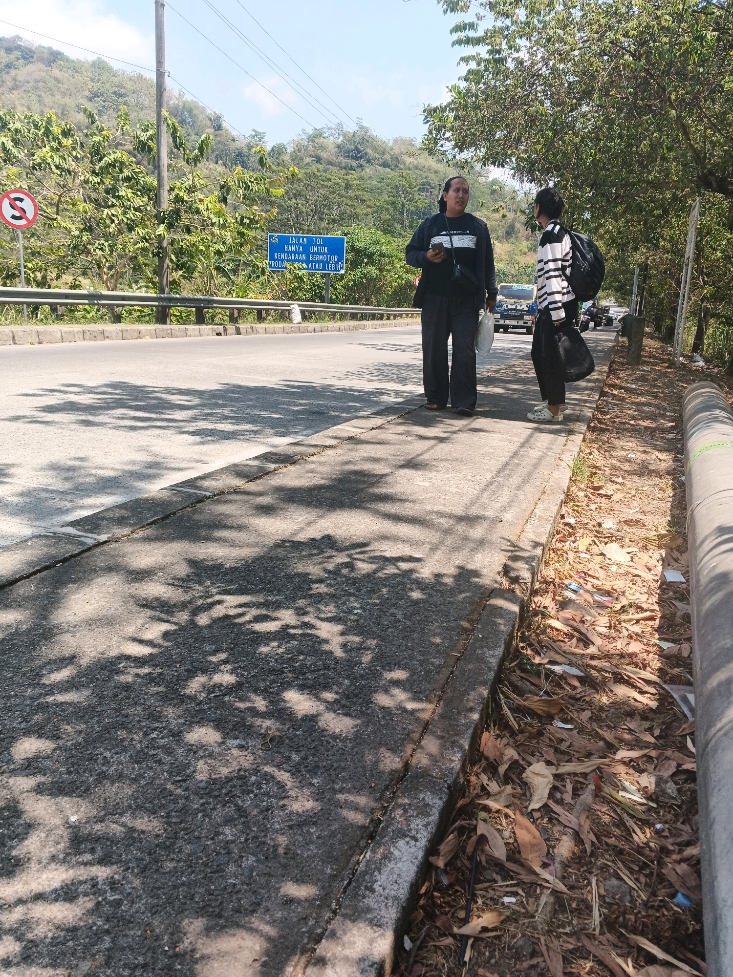 In Kalirejo, Indonesia, two individuals stand on the side of a road on a sunny day. The person on the left, a man with long hair, wears a black jacket and pants, holding a white plastic bag and a smartphone. The person on the right, a woman, is dressed in a black and white striped long-sleeved shirt and dark pants, carrying a backpack and a black bag. They are positioned on a concrete sidewalk next to a paved road. Traffic signs are visible in the background, including one with a red circle and a diagonal line, likely indicating a prohibition, and a blue sign with white text. Trees line the road, casting shadows across the pavement and sidewalk. The ground beside the sidewalk is covered with dried leaves and some scattered litter. In the distance, a hillside is covered with vegetation. A few vehicles are present on the road.