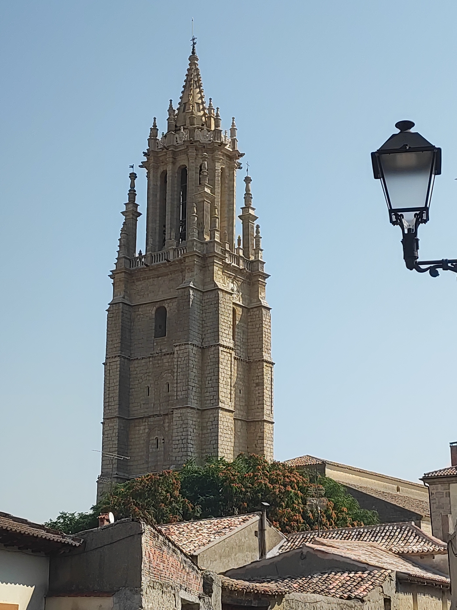 The image captures a view of the bell tower of the collegiate church of San Miguel Arcángel in Ampudia, Spain. The tall, stone tower dominates the frame, featuring intricate Gothic architectural details such as spires, decorative pinnacles, and arched openings. At the top of the tower, a cross is visible. In the foreground, the tiled roofs of several buildings and a streetlamp with a black, ornate fixture are present. Lush green trees with some orange foliage partially obscure the base of the tower. The sky is a clear, bright blue. The overall scene is an outdoor architectural photograph, likely taken during the day under sunny conditions.