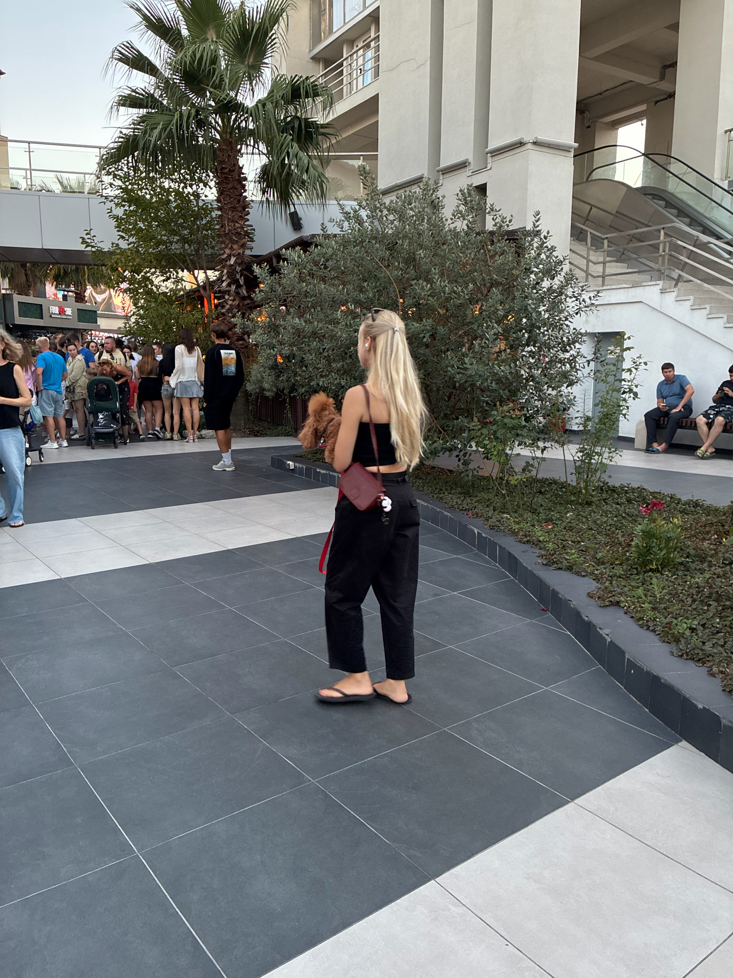 In Sochi, Russia, a young woman with blonde hair pulled into a ponytail walks across a tiled outdoor plaza, carrying a small, fluffy brown dog. She is wearing a black tank top, black pants, and flip-flops. The plaza is paved with dark gray and white tiles. To her left, a group of people are gathered, some standing and some with a stroller. Palm trees and bushes are visible in the background, as well as a modern building with an escalator and stairs. Two men are seated on a bench in the background. The overall scene depicts a public outdoor space in a warm climate.