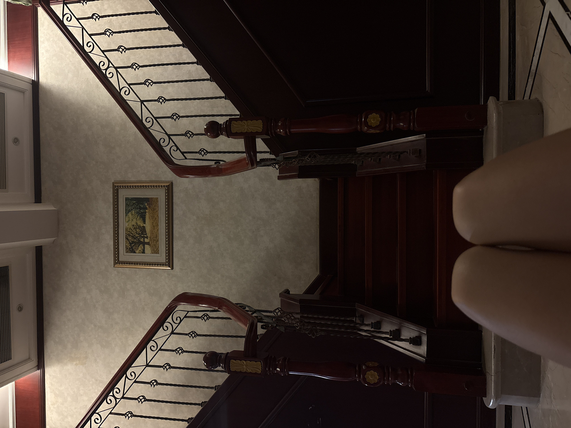 The image shows a view of a dark wood staircase with ornate black metal railings. The walls are covered in a textured, light-colored wallpaper. A framed painting of a landscape with trees is hanging on the wall. The staircase appears to be indoors, possibly in a home or a building with a grand interior. The lighting suggests it might be daytime, but the interior setting makes it difficult to determine the exact time. A portion of a person's legs is visible in the lower right corner of the image, suggesting someone is either standing or sitting on the stairs. The scene is quiet and static, with no specific activity or event clearly depicted, other than the presence of the staircase and the painting. The overall impression is one of traditional interior design.