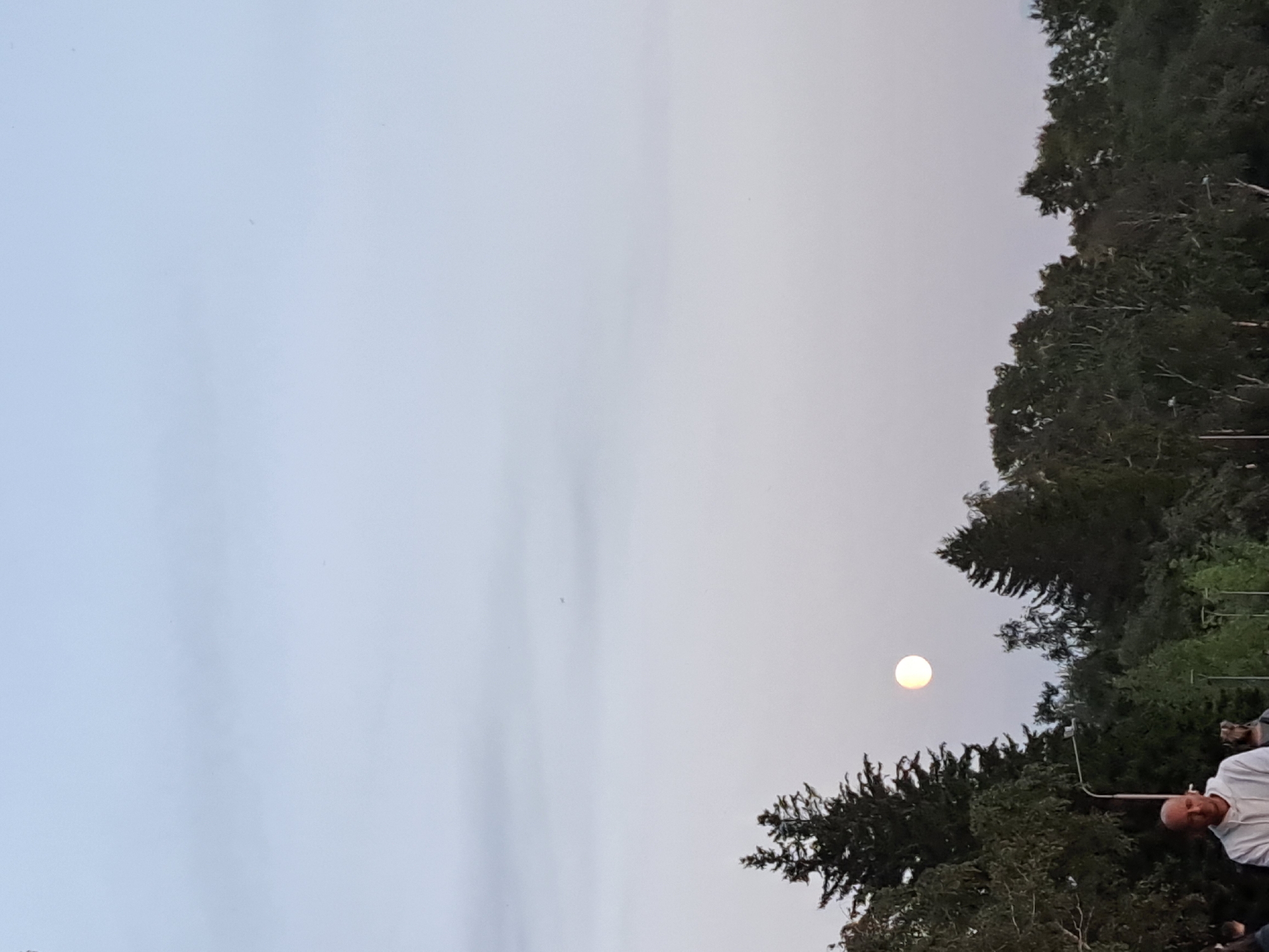 A full moon is visible in a hazy, pale blue sky over a line of dark green trees and a few scattered streetlights. A man wearing a white hooded sweatshirt stands in the foreground, looking down. The image appears to have been taken in Irkutsk, Russia, possibly during an evening outdoor gathering or a walk in a park.
