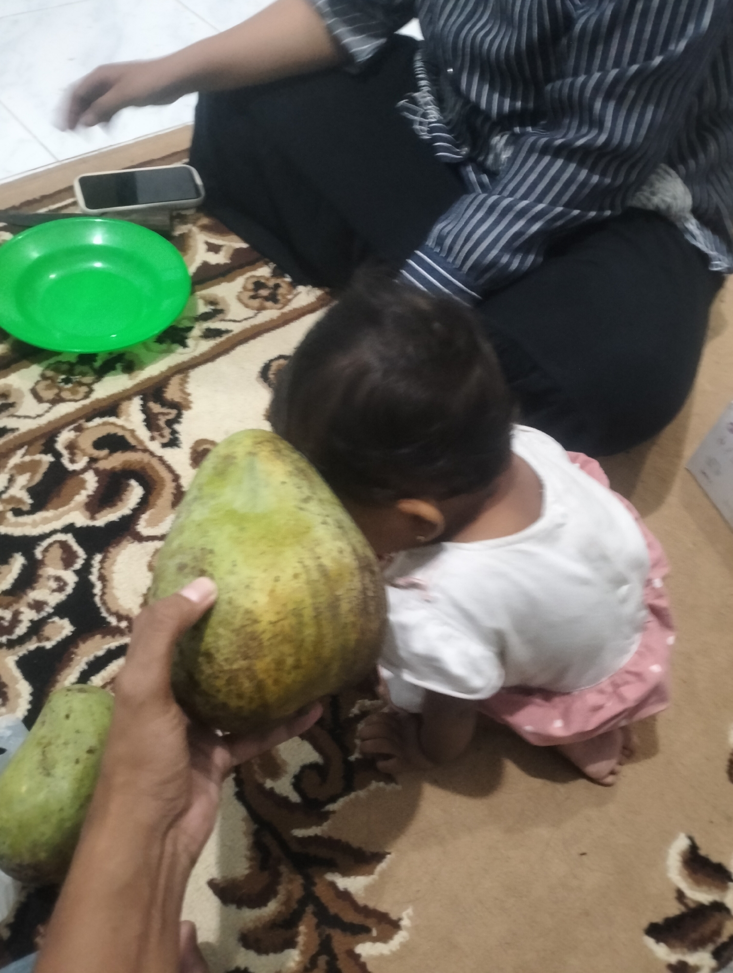 The image depicts a close-up, indoor scene on a rug, likely in Lhokseumawe, Indonesia. A person's hand holds a large, unripe mango, while another, smaller mango lies beside it. A young child, viewed from behind, wears a white shirt and a pink skirt with white polka dots. The child is in a kneeling or crawling position. In the background, a green plastic plate and a smartphone are visible, along with the lower body of an adult wearing a dark, pinstriped shirt and dark pants. The setting appears to be domestic.