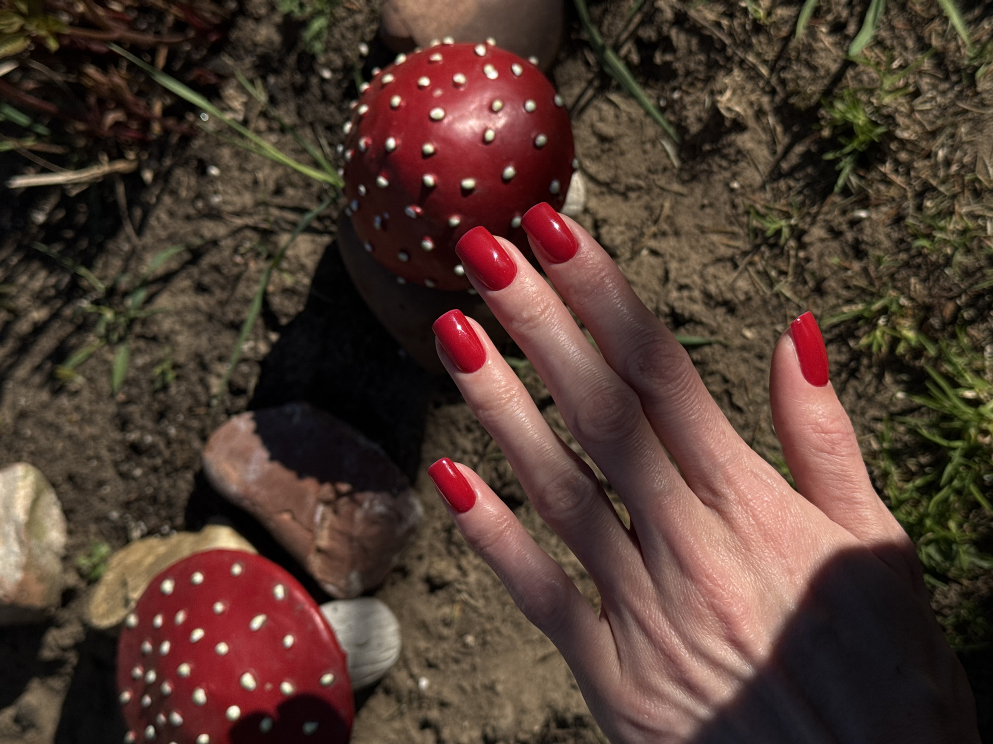 A hand with red nail polish is positioned in front of two red and white decorative mushrooms. The scene takes place outdoors on dirt and rocks. The hand is resting on the ground, with the fingers pointing toward the upper right corner. The decorative mushrooms are to the left and behind the hand. The location is Chaikovsky, Russia.