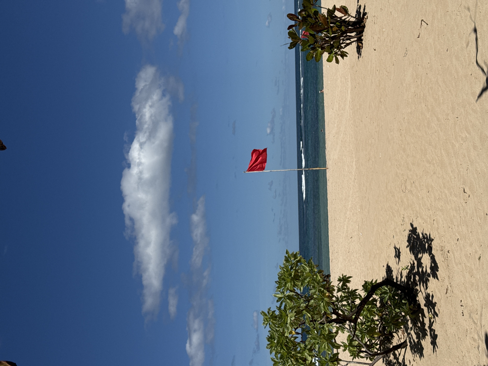 The image depicts a beach scene in Kuta Selatan, Indonesia. A red flag is planted in the sand, possibly indicating a warning about swimming conditions. The sky is blue with scattered white clouds. The ocean is visible behind the flag, with waves breaking near the shore. Vegetation is present on the beach, including two trees or shrubs. The sand appears light in color. The image may have been rotated from its original orientation. Shadows from the vegetation are cast on the sand.