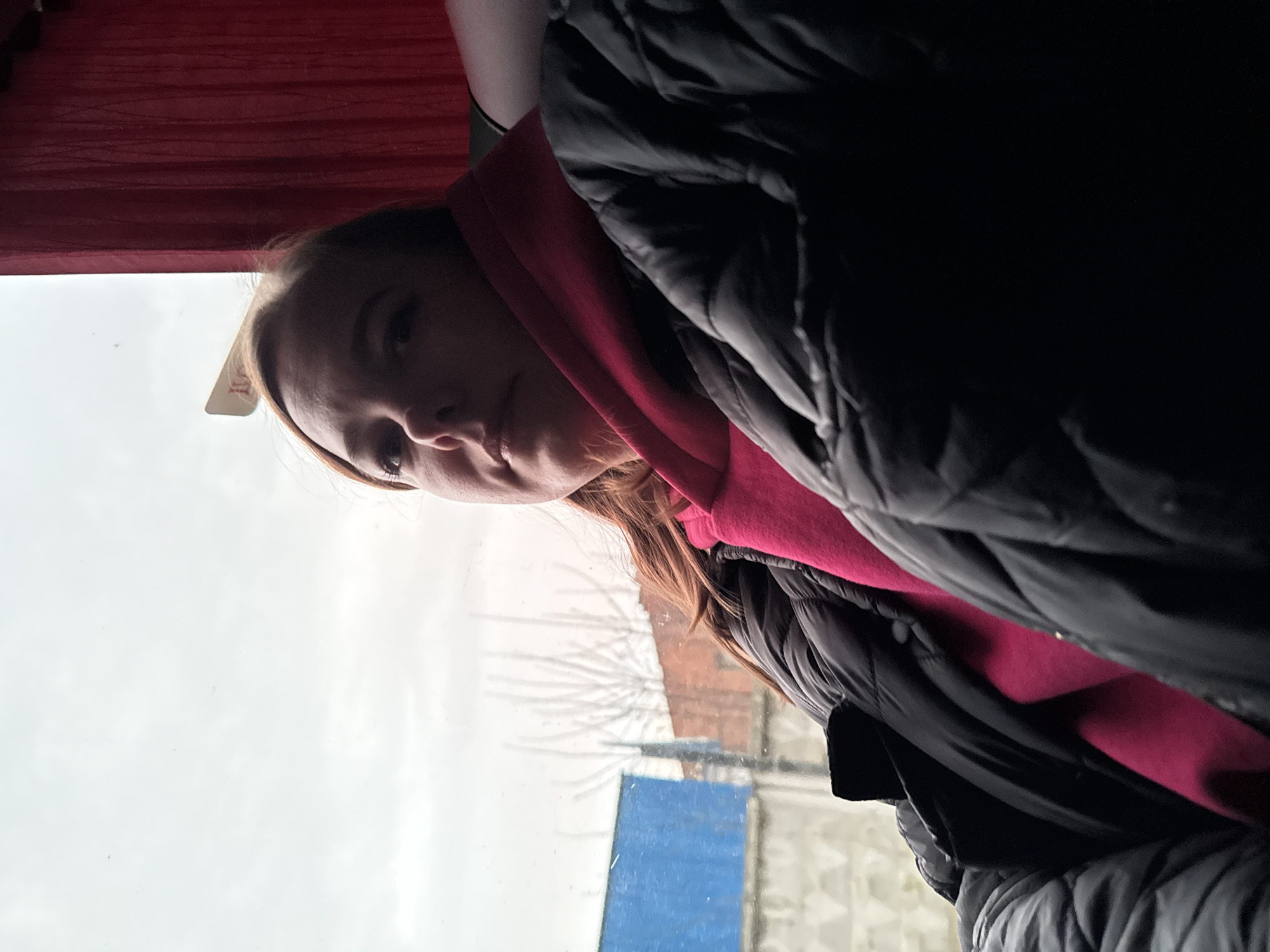 A woman is sitting by a window, likely on public transport, looking towards the camera. She is wearing a pink hooded sweatshirt and a black puffer jacket. Outside the window is a view of Dmitrov, Russia, with bare trees and building facades visible. The sky is overcast. A red curtain is partially visible above the woman's head. The image has been rotated.