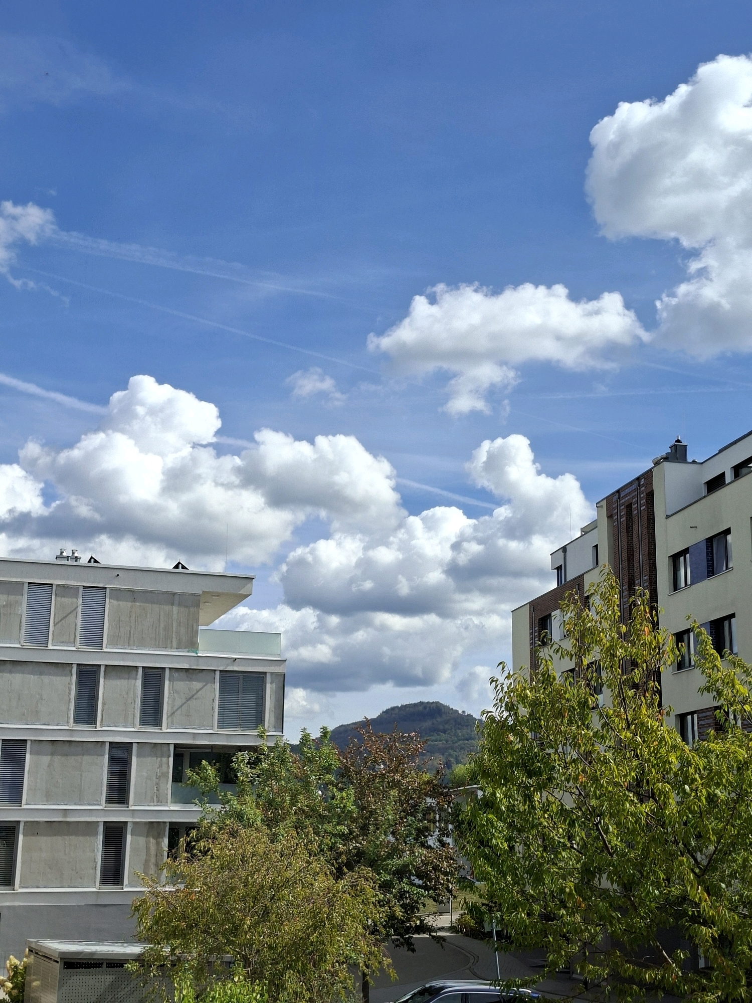 The image captures a modern urban scene on a bright, cloudy day, under a blue sky. In the foreground, two distinct buildings are visible. The building on the left is a multi-story structure with a concrete facade and horizontal window blinds. The building on the right has a more varied facade, with sections of light-colored material and a prominent brick section, along with numerous dark-framed windows. Lush green trees with some autumnal foliage partially obscure the view of the lower parts of the buildings. In the background, a tree-covered hill or small mountain is visible, suggesting the city is situated in a natural landscape. The sky is a vibrant blue, dotted with fluffy white cumulus clouds, and faint contrails from aircraft crisscross the upper atmosphere. The lighting indicates it is daytime, likely late morning or early afternoon. The scene is devoid of people, and the primary focus is on the architecture and the natural elements.