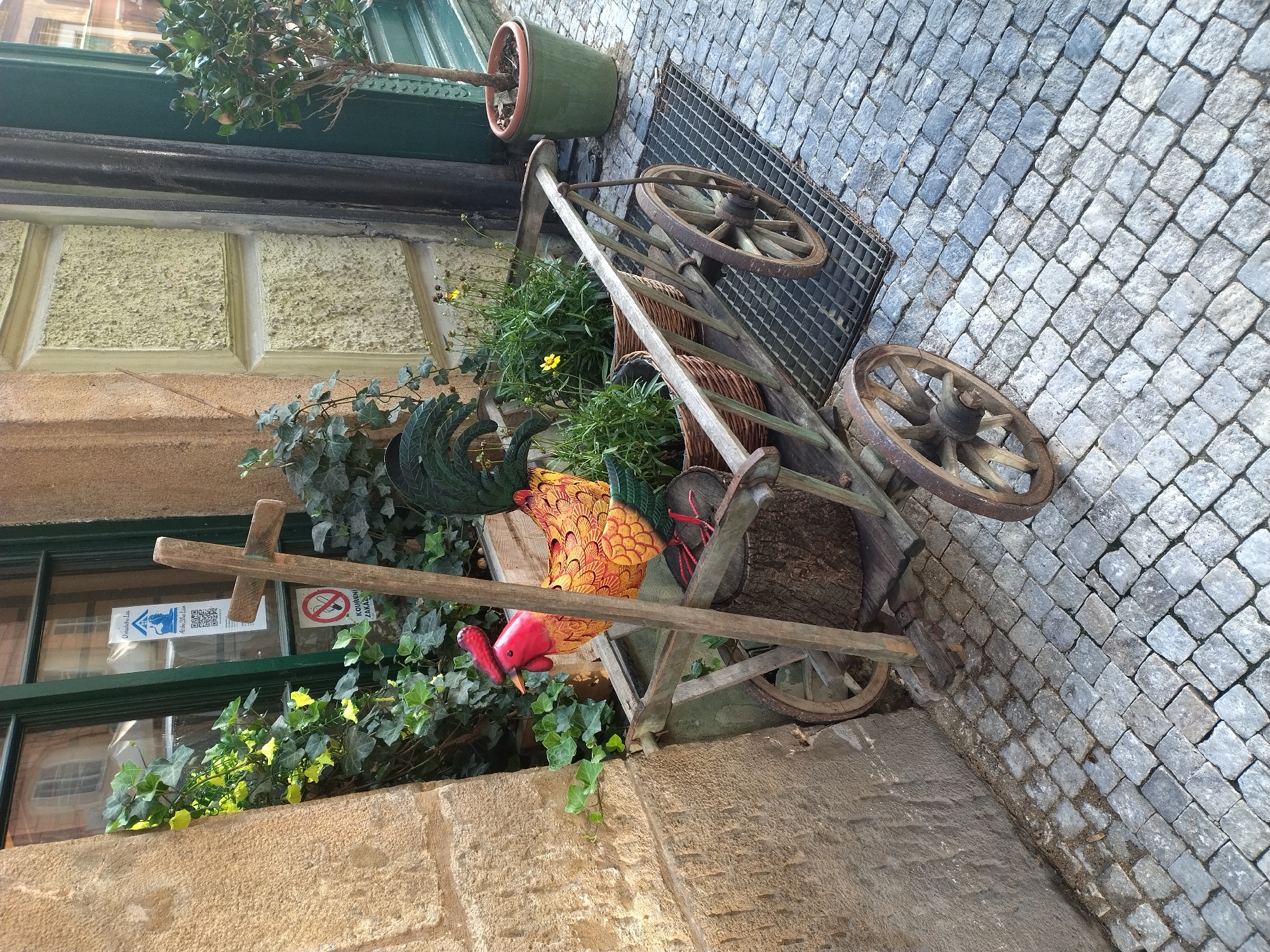 A rustic wooden cart, filled with potted plants, a decorative rooster, and a wooden cross, is positioned on a cobblestone street in Prague, Czechia. The cart's wheels are made of wood and metal, showing signs of age. The rooster, a vibrant red and yellow, is perched atop a log in the cart. Green ivy and small yellow flowers are visible in woven baskets within the cart. In the background, a building with textured yellow walls and a dark green doorway is visible. A tree in a large green pot stands to the right of the doorway. A metal grate is situated on the cobblestone street in front of the cart. The scene appears to be in an outdoor, urban setting, likely a street or courtyard.