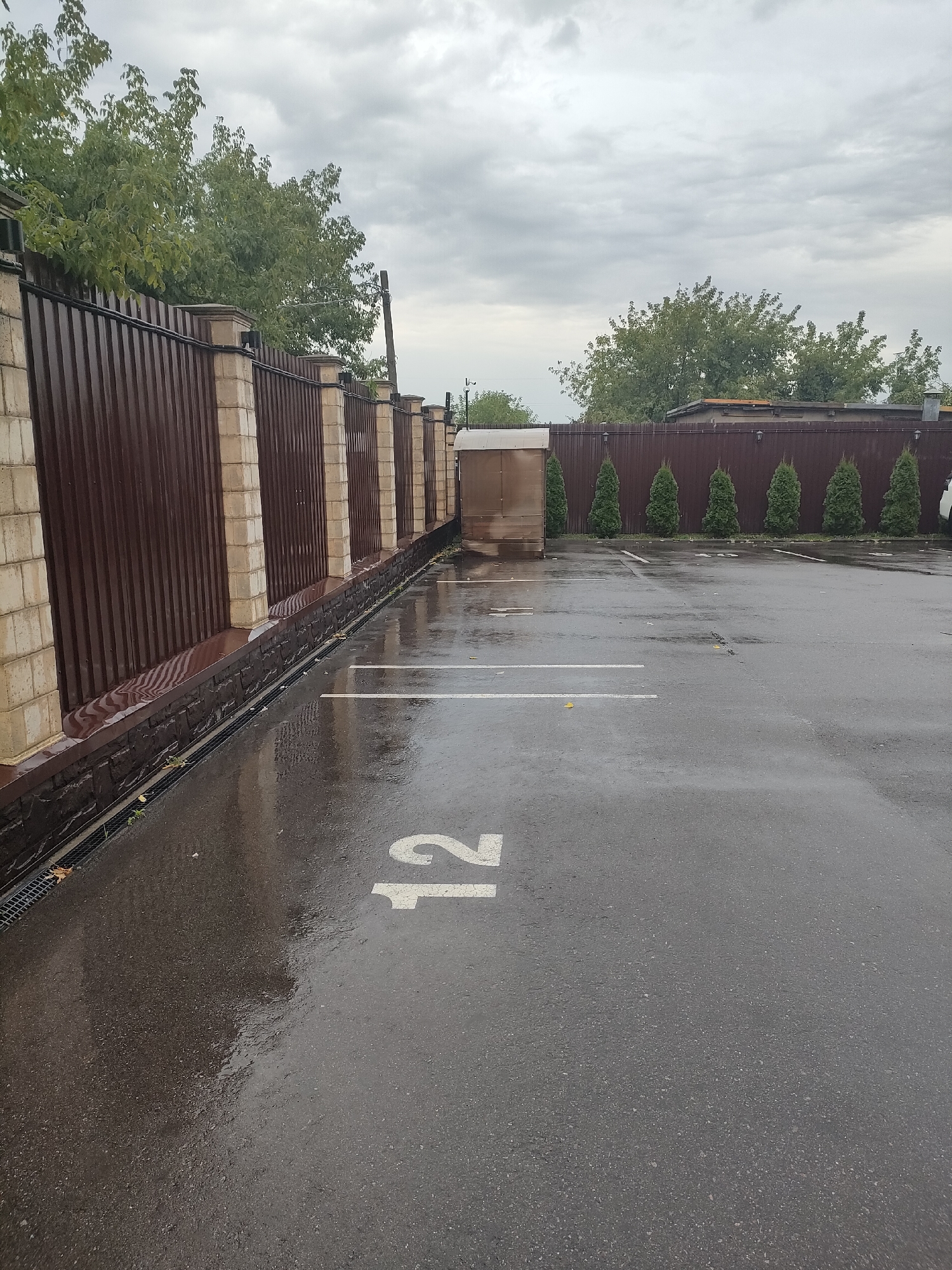 The image depicts a wet asphalt parking lot with painted white lines marking parking spaces. The number "12" is prominently painted in white on the asphalt in the foreground. To the left, there is a dark brown metal fence with stone-like pillars. Behind the fence, trees with green foliage are visible against a cloudy sky. Further back, a row of small, conical evergreen trees is planted along another dark brown fence. A small, beige structure, possibly a shed or kiosk, is located behind the fence in the middle ground. The overall environment suggests an outdoor setting in a built-up area, possibly a residential or commercial complex, in Gol'yovo, Russia. The scene is captured from a slightly elevated perspective, looking across the parking lot.