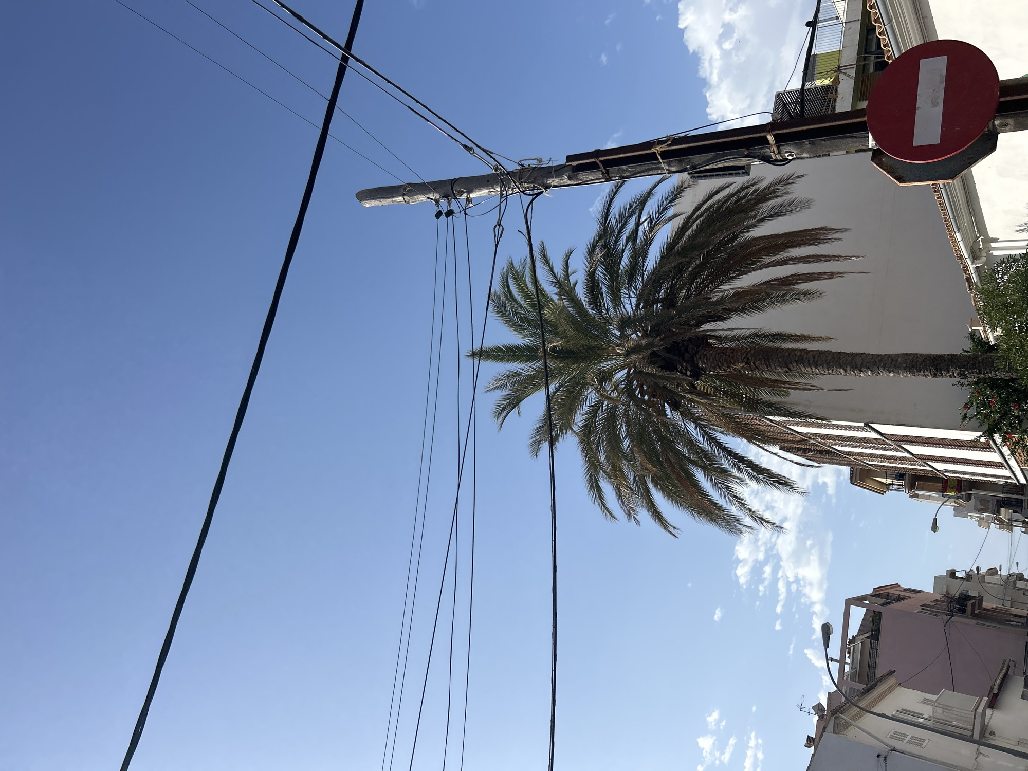 The image shows a street scene in Cala Rajada, Spain, dominated by a tall palm tree and a utility pole with numerous wires. The sky is clear blue with scattered white clouds. The palm tree is in the center-left of the frame, its fronds reaching towards the sky. The utility pole is to the right of the palm tree, supporting a dense network of black electrical wires that crisscross the frame at various heights. A round, red "no entry" sign with a white horizontal bar is mounted on the utility pole. In the background, buildings with balconies and architectural details line a street. To the left, a pale pink building and a white building with shutters are visible. To the right, a white building with a tiled roof and dark-shuttered windows is present. The overall impression is a typical Mediterranean streetscape under a bright, sunny sky.
