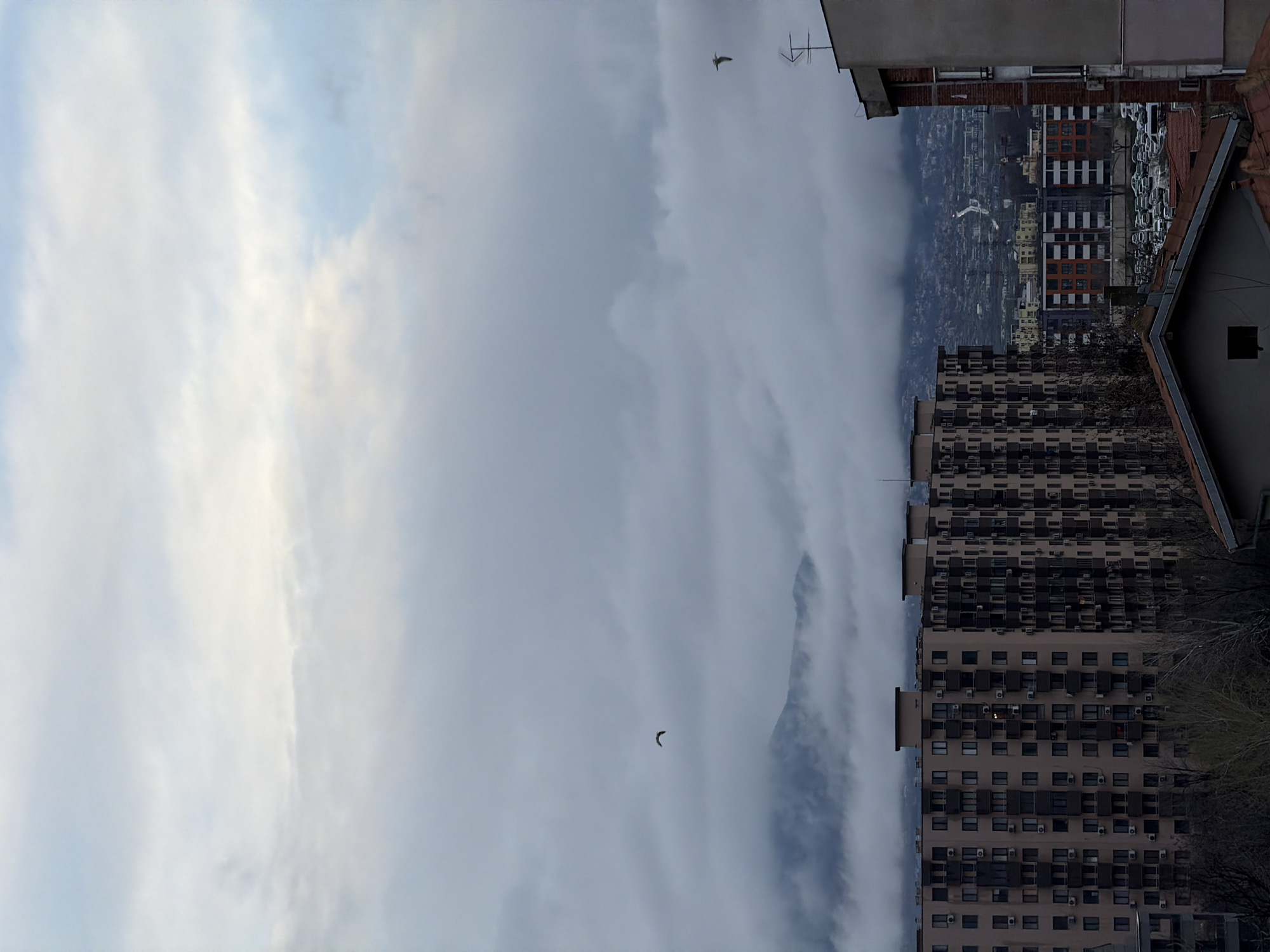 The image shows an urban scene in Plovdiv, Bulgaria. A tall, beige apartment building dominates the lower right portion, featuring multiple rows of windows and external air conditioning units. To the right, the rooftops of adjacent buildings are visible. In the upper right, taller structures and the cityscape stretch towards distant hills.
The majority of the image is filled with a cloudy sky, exhibiting shades of white, grey, and blue. Two birds are visible against the sky, one in the upper right and one in the lower center. The light is muted, suggesting either an overcast day or early evening.