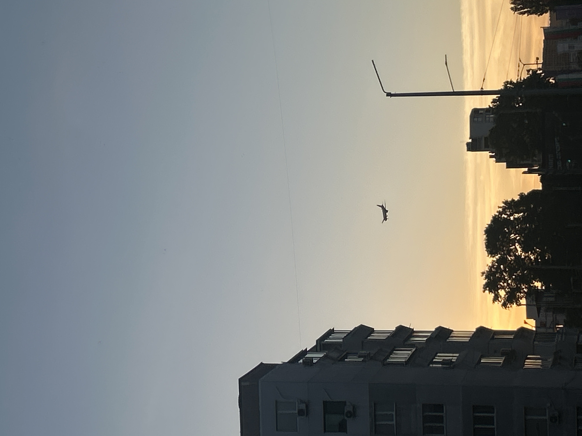 An airplane is captured in mid-flight against a pale blue and orange gradient sky, likely at sunset or sunrise, over the city of Varna, Bulgaria. A dark, multi-story building with visible windows and air conditioning units occupies the left side of the frame, its architecture suggesting a residential or office block. In the background, silhouetted trees and other buildings are visible, including a street light on the right. The overall scene depicts an urban landscape at dusk or dawn.