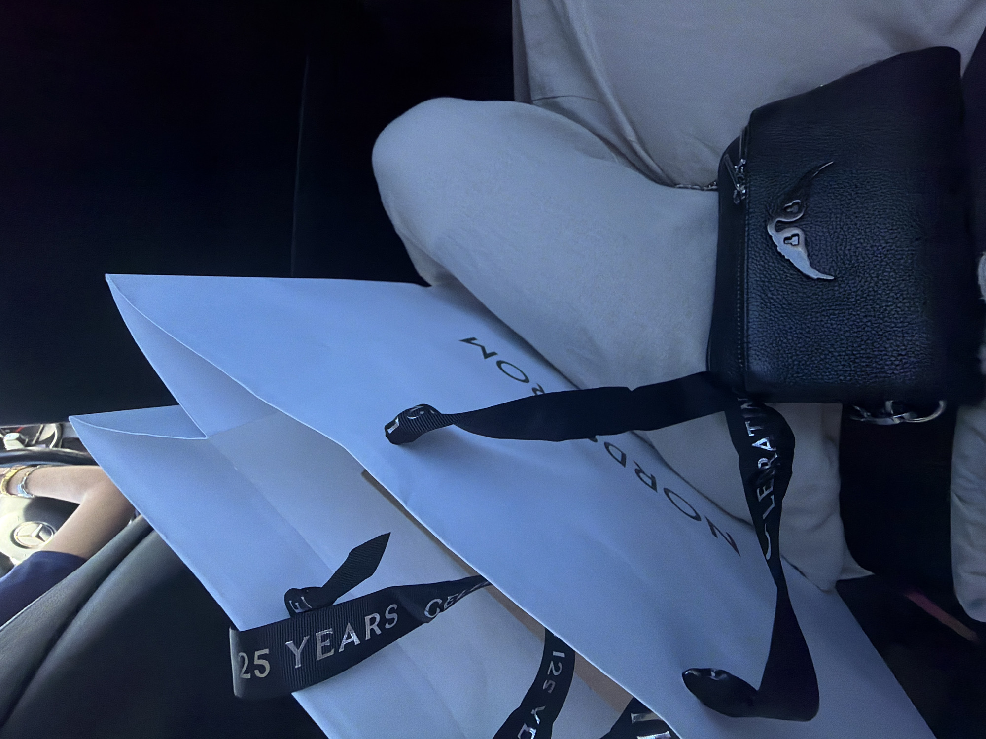 The image shows a person in a car with shopping bags from Nordstrom and a black leather bag with a silver emblem on their lap. One of the Nordstrom bags is marked "25 Years." The person is likely driving, as their hands are visible on the steering wheel. The image does not provide enough information to definitively determine the exact location within Austin, Texas.