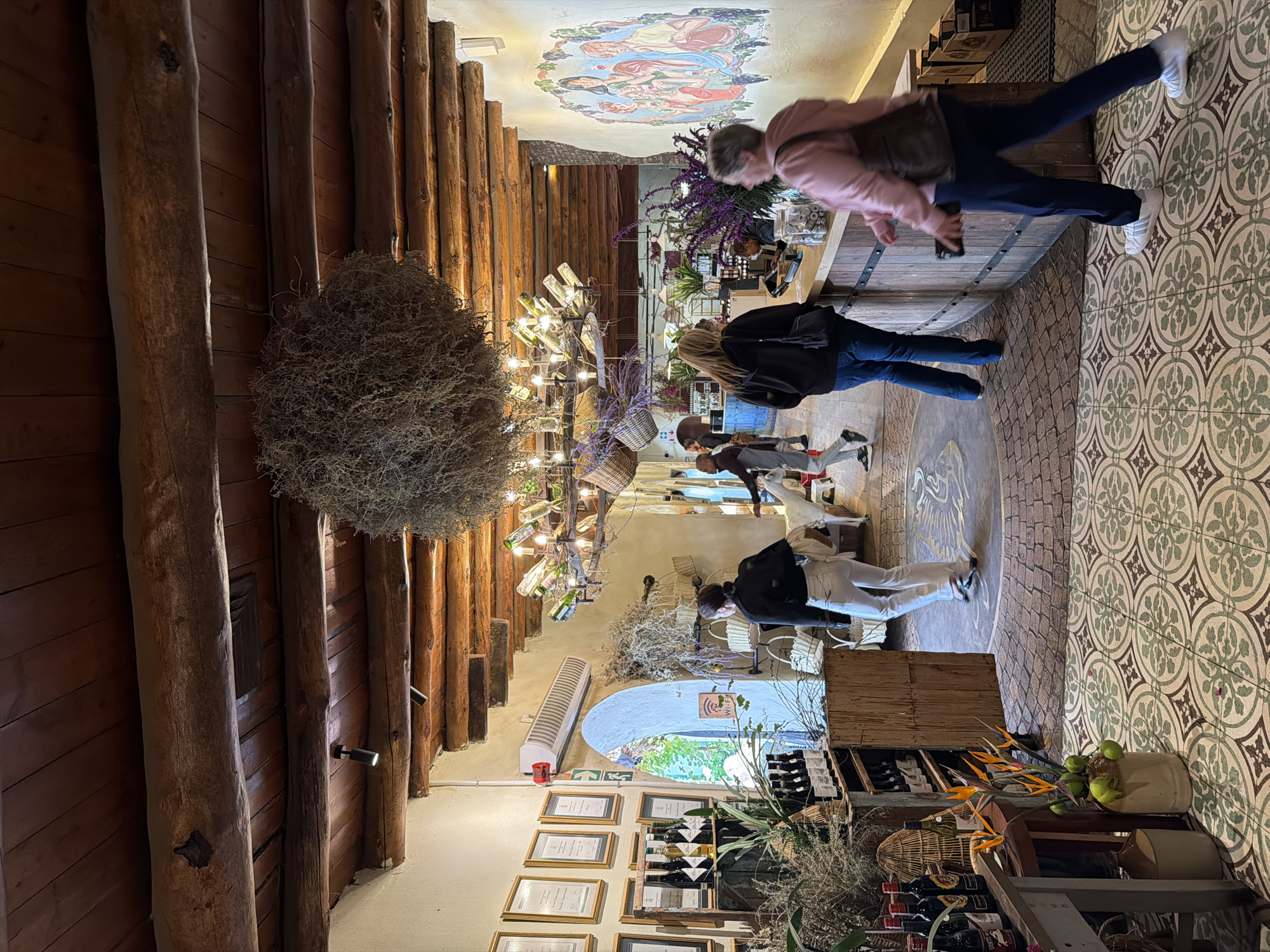 An interior view of a rustic commercial space, likely a wine cellar, tasting room, or restaurant, in Drakenstein Nu, South Africa. The image is oriented vertically (rotated 90 degrees clockwise). The scene features a mix of natural wood, patterned tiles, and decorative elements.
On the left, a wall and ceiling are adorned with large, rough-hewn wooden logs and planks. A large, spherical decorative item made of dried plant material hangs prominently from the wooden ceiling. Further into the room, a chandelier crafted from numerous wine bottles illuminates the space.
Several people are visible, some with motion blur, suggesting movement. In the foreground on the right, a person in a pink top and dark pants walks towards the background, their back to the viewer. Another person in a black jacket and blue jeans stands near a wooden counter or bar area. In the mid-ground, several individuals are gathered, some appearing to be browsing or waiting. One person is wearing white pants and a black top.
The floor transitions from a central area with round, dark grey paving stones to an outer section covered in light-colored tiles with a repeating green and white geometric pattern. The ceiling features a colorful painted mural depicting figures, possibly associated with winemaking or harvesting, surrounded by grapevines.
Objects visible include racks of wine bottles, baskets, potted plants, and cut flowers (including bird of paradise). A wooden counter or display runs along the right side of the room. On a lighter-colored wall, a series of framed certificates or awards are displayed, alongside a white wall heater/vent. A small white sign with a "WIFI" logo and an arrow pointing upwards is noticeable. An emergency exit sign with an arrow is also visible. The overall ambiance is warm and inviting, with a strong emphasis on natural materials and a wine theme.
