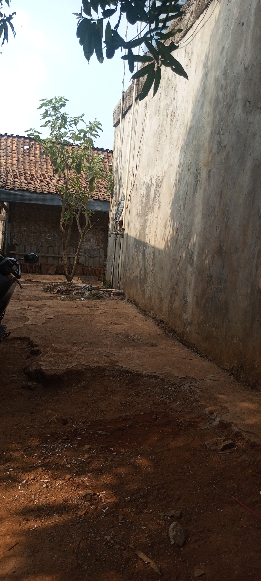 The image captures an outdoor scene in what appears to be a residential area in Taman Rahayu, Indonesia. The foreground is dominated by a reddish-brown, uneven dirt ground with scattered small stones and debris, including what look like white plastic fragments. Shadows from overhead foliage create a dappled pattern across the ground.
To the left, the rear portion of a dark-colored motorcycle is visible, parked on the dirt. Behind the motorcycle, there is a structure with a tiled roof made of reddish-brown clay tiles, supported by dark beams and a woven bamboo wall. A young tree with thin branches and green leaves stands in the middle ground, partially obscuring the bamboo wall.
The right side of the image features a tall, weathered concrete wall with a textured, light gray surface. The wall shows signs of age and possibly water staining, with darker patches and cracks. Electrical conduits run vertically along the wall, and shadows from leaves and branches are cast prominently across its surface, indicating sunlight filtering through from the upper left. The sky above is a clear, pale blue, with some leaves and branches of a tree in the upper portion of the frame against it. The overall impression is a humble, possibly rural or semi-rural, outdoor space.