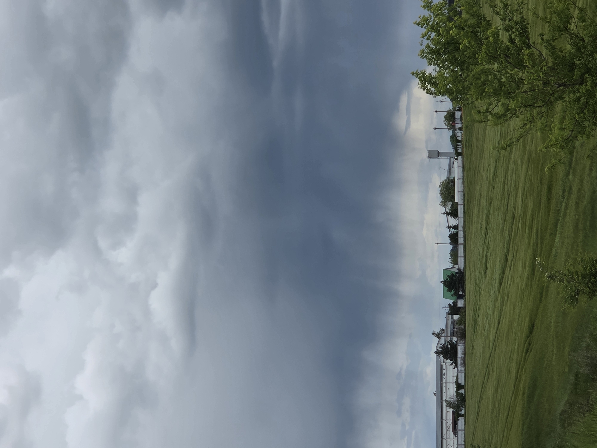 The image shows a landscape scene with a field and a sky with heavy storm clouds. A portion of a tree is visible on the right side, partially obscuring the view. In the distance, there appears to be a building complex or industrial area, marked by a water tower and structures with white walls. The field is green and appears to be dense vegetation. The sky is dominated by dark, ominous clouds suggesting an approaching storm.