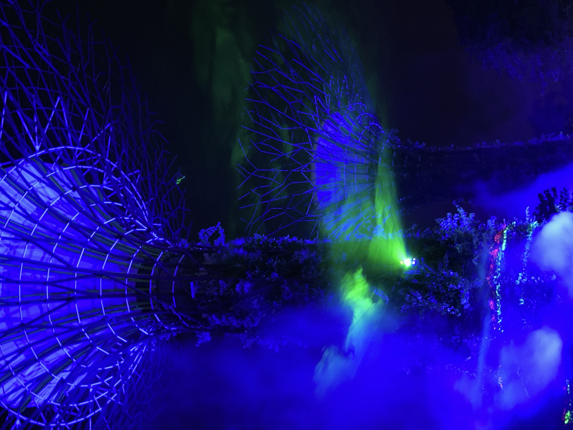 This is a nighttime photograph of the Supertree Grove at Gardens by the Bay in Singapore. The iconic structures, which resemble large artificial trees, are illuminated with vibrant blue and green lights. Wisps of colored mist or smoke add to the atmospheric effect, obscuring parts of the lower sections of the Supertrees and creating a dramatic, otherworldly ambiance. The intricate metallic framework of the Supertrees is visible against the dark sky, highlighting their unique architectural design. The lower portions of the Supertrees appear to be covered in lush vertical gardens. The overall scene evokes a sense of wonder and technological marvel, characteristic of modern Singaporean landmarks.