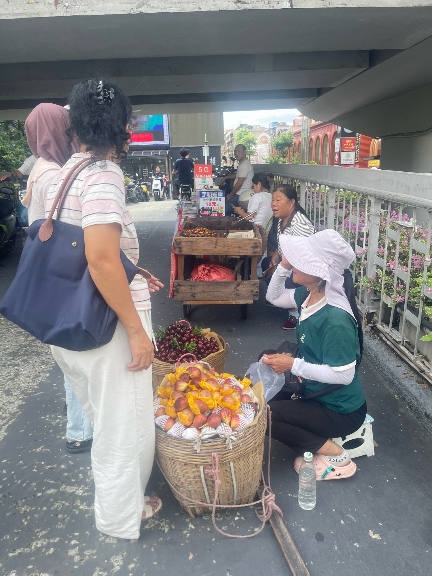 In the Baiyun District of Guangzhou, China, under an elevated road, two women are seen engaged in commerce. One woman, wearing a light pink striped shirt and white pants, stands while holding a large navy blue tote bag. She appears to be a customer. To her right, a woman wearing a green shirt and a wide-brimmed hat is seated on a small white stool, attending to a fruit stand. The fruit stand displays two large woven baskets overflowing with fruit. The basket in the foreground contains peaches wrapped in white netting, while the basket behind it holds a pile of dark red cherries. The seated woman is holding a plastic bag, possibly preparing to bag fruit for the customer. Behind them, a vendor with a cart displays skewers of food. Several other individuals and parked motorcycles are visible in the background, suggesting a busy street scene. The environment is urban, with a concrete walkway and a metal railing adorned with pink flowers to the right. The underside of the elevated road is visible overhead.