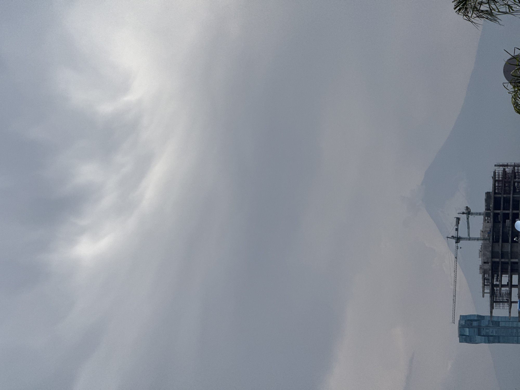 The image shows a construction site in Puebla, Mexico, against a cloudy sky. The building under construction is tall, with visible scaffolding and a crane. In the background, a mountain is partially obscured by the clouds. There are palm leaves in the top right corner.