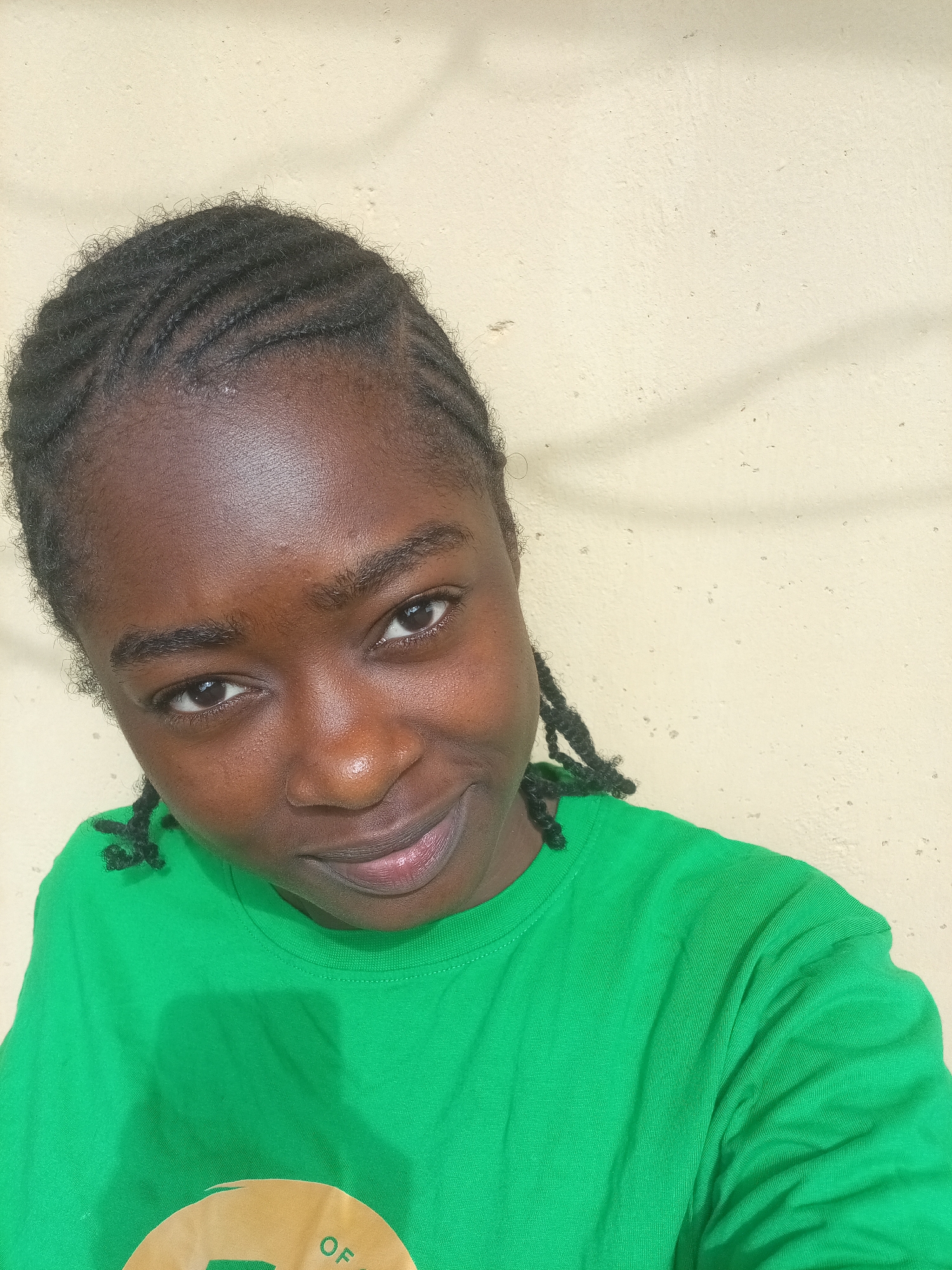 A close-up shot shows a young Black person with braided hair against a light-colored, textured wall. The person is wearing a bright green t-shirt. The lighting suggests an outdoor setting, possibly in the city of Rafin Par, Nigeria. The background is a plain, unadorned wall that appears to be made of concrete or stucco. Shadows are cast on the wall, indicating a light source from the side. The person's gaze is directed slightly off-camera, and they have a subtle smile. Their skin tone is dark, and their hair is styled in cornrows with braids extending down. The t-shirt has a circular graphic on the lower portion, partially visible. The overall impression is a casual, personal photograph.