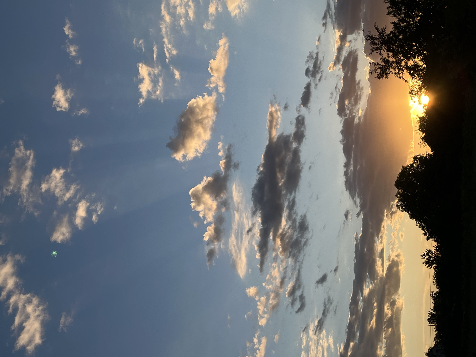 An outdoor, vertical, eye-level shot captures a sunset scene with a silhouette of trees and foliage in the foreground. The sky is a gradient of blue, transitioning to a bright orange and yellow near the horizon, indicating the sun is setting. Scattered clouds, some illuminated by the setting sun with a golden hue, dot the sky. A faint, possibly artificial, green light is visible in the upper left quadrant of the sky. The bottom of the frame is dominated by a dark silhouette of trees and vegetation, with a hint of a structure on the far left. The overall atmosphere is serene, with the sun's rays piercing through the clouds, creating a dramatic effect.