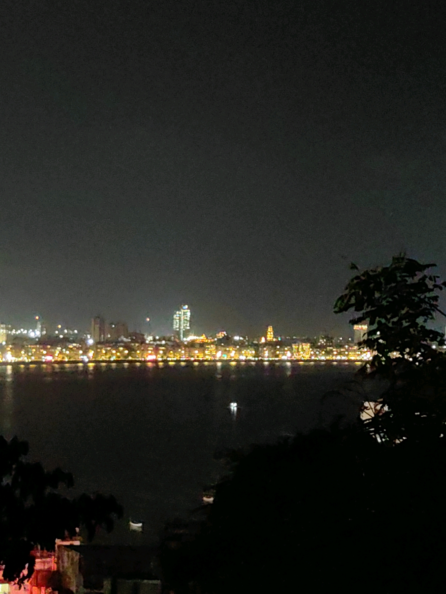 The image shows a nighttime view of the Mumbai skyline from across the water, likely the Arabian Sea. The city lights are illuminated, reflecting on the dark water. In the foreground, silhouetted trees and foliage are visible, obscuring a portion of the lower part of the frame. There are a few small boats in the water, and the overall atmosphere is tranquil and urban. The Mumbai skyline is characterized by a cluster of buildings and illuminated structures.