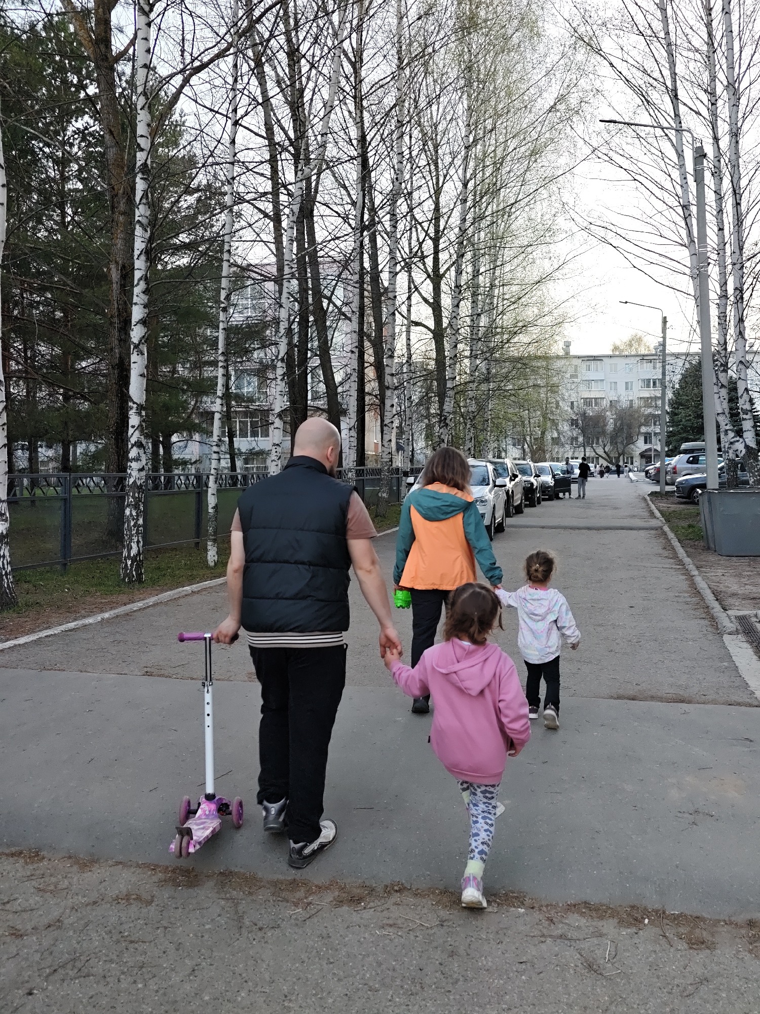 Captured from a rear perspective, the image depicts a family of four walking along a paved pathway lined with birch trees. The setting is likely a residential area in the city of Chaikovsky, Russia, based on the architectural style of the buildings and the prevalence of birch trees, a common feature of Russian landscapes.
A bald man wearing a dark vest, t-shirt, and dark pants is holding a folded pink and white scooter in his left hand and the hand of a young girl. She is wearing a pink hooded sweatshirt and patterned leggings. Next to them is a woman with long hair, sporting a teal jacket with an orange lining, also holding the hand of another young girl. The second young girl is wearing a light-colored hooded sweatshirt and dark pants.
The family is walking away from the viewer. In the background, a row of parked cars lines the pathway, and several pedestrians are walking in the same direction. The buildings in the background are multi-story apartment complexes, and streetlights are visible among the trees.