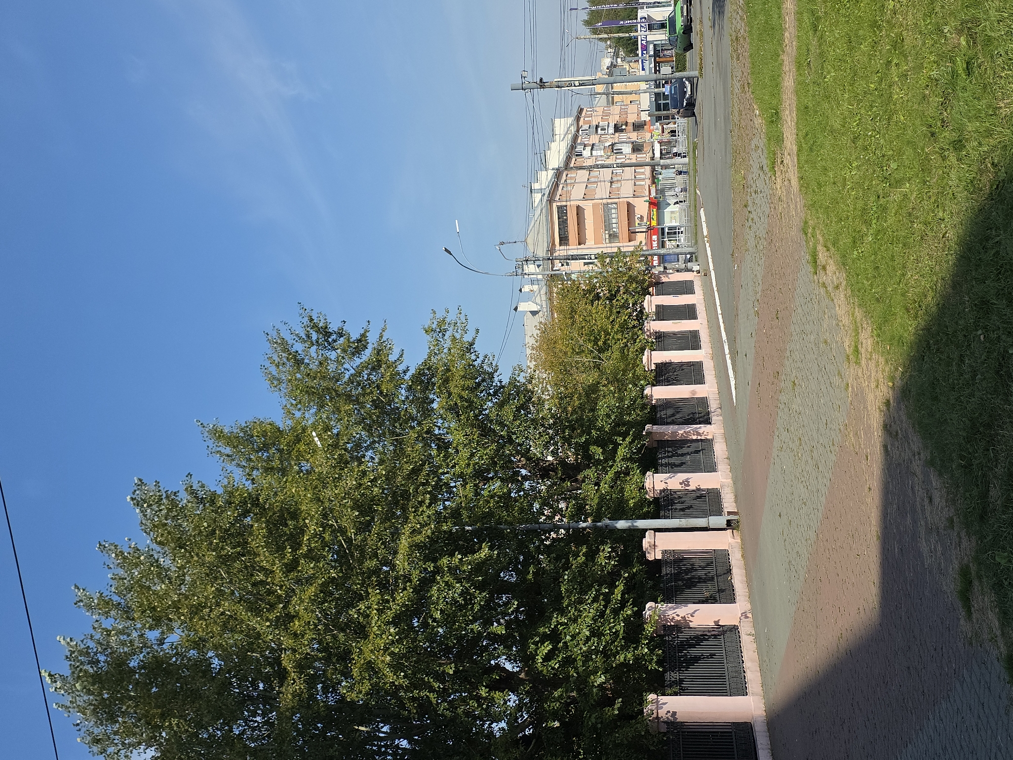 The image captures a sunny daytime scene on a street in Chelyabinsk, Russia. On the left, a large, leafy tree stands behind a pink-topped, black wrought-iron fence. The sidewalk in front of the fence is paved with interlocking bricks in a diamond pattern of grey and reddish-brown. To the right of the sidewalk, a paved road is visible with several cars, including a black sedan and a green hatchback. Across the road, a multi-story apartment building with peach-colored and white facades is situated. The sky above is a clear, light blue with faint white wisps of clouds. A streetlamp is positioned on the sidewalk to the left of the frame, and utility poles with wires are visible along the street. The overall environment suggests a residential or mixed-use urban area.