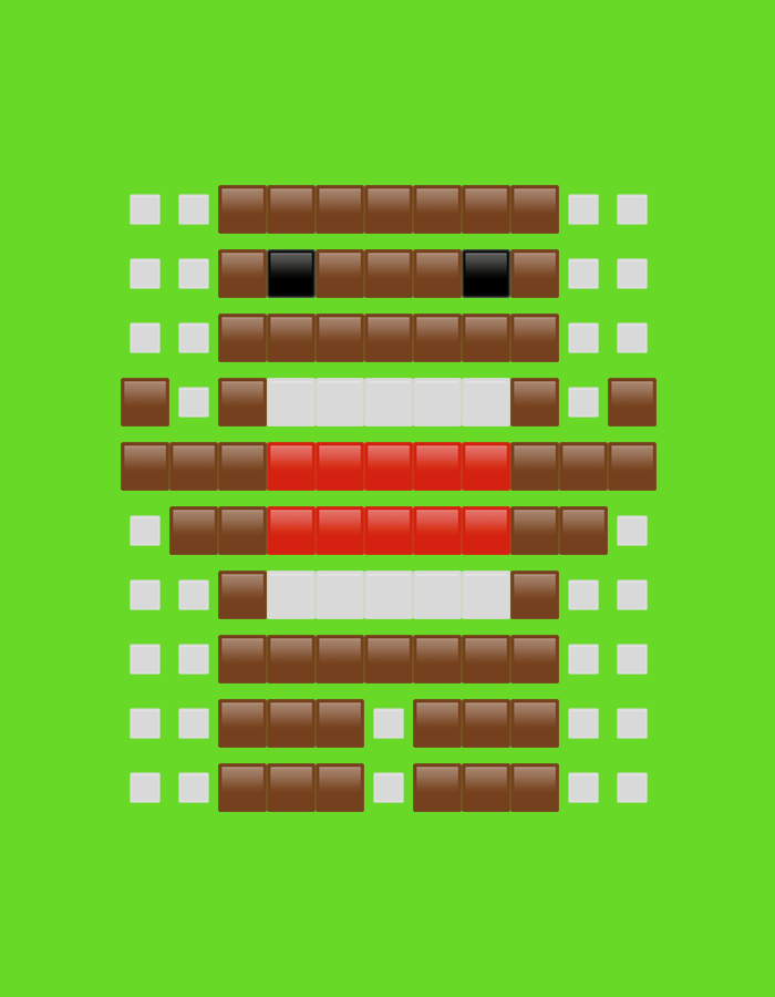 The image displays a stylized, pixelated character composed of glossy square tiles, set against a plain, vibrant lime green background. The central figure is primarily medium brown, forming a blocky, somewhat rectangular face or body. Two small, black square tiles represent the character's eyes. Below the eyes, a horizontal band of white tiles suggests a snout or lower facial area. Further down, two prominent rows of red tiles form what appears to be an open mouth or tongue. The entire brown structure is bordered on its left and right by vertical columns of smaller, light gray or white square tiles. The overall aesthetic is reminiscent of pixel art or emoji-style graphics.
The character does not depict any specific activity but is presented as a static, frontal portrait. The solid green background provides no environmental context, time of day, or weather cues. The simplified features of the character do not convey strong emotions, though the prominent red mouth area could suggest an open-mouthed expression or a smile. There is no visible text in the image.