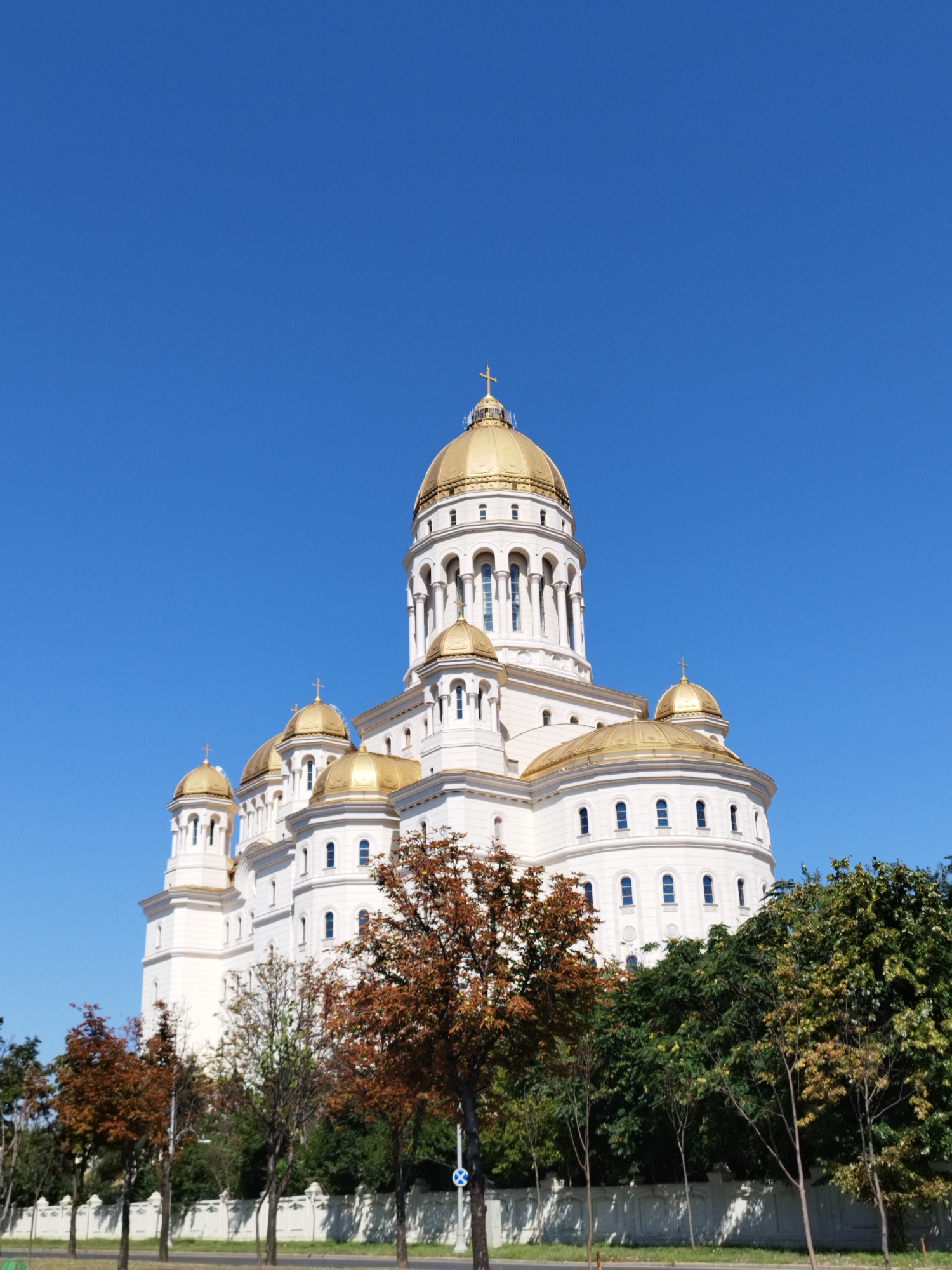 The image shows a large, white cathedral with golden domes, set against a clear blue sky. The cathedral has multiple levels and ornate architectural details, including arched windows and columns. Several trees with autumnal foliage are visible in the foreground, with some displaying orange and brown leaves. A white wall with decorative elements runs along the base of the cathedral, separating it from a paved area and a street. In the distance, more trees and foliage can be seen. The scene appears to be a public space, possibly a park or a square, in the city of Bucharest, Romania. The building is the National Cathedral of Romania, also known as the Cathedral of the Salvation of the People, located in Bucharest.