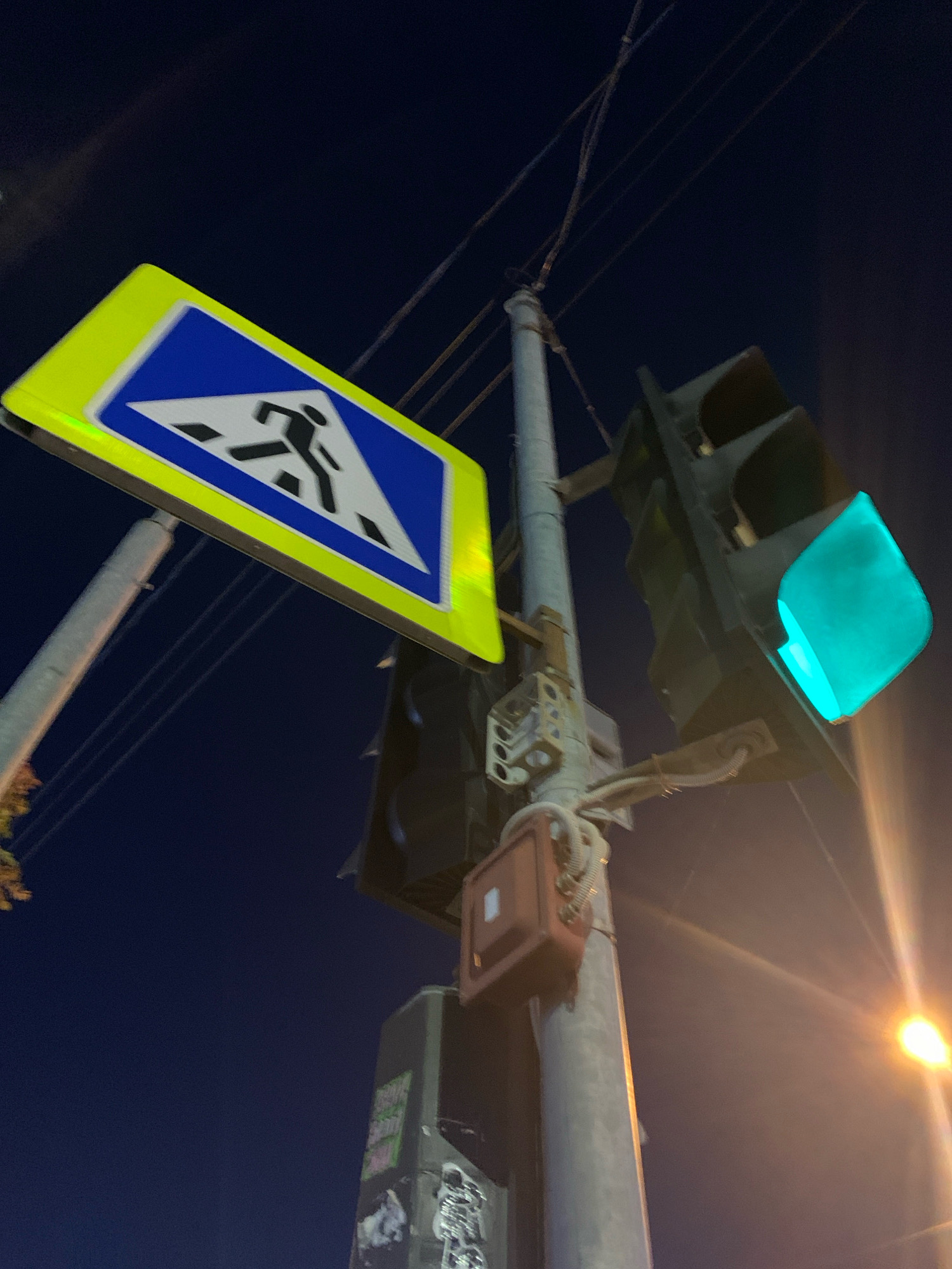 In Arkhangelsk, Russia, at night, a pedestrian crossing sign with a yellow border and a blue background featuring a black silhouette of a person walking is visible. Adjacent to it, a traffic light displays a green signal. The scene is set against a dark blue night sky with overhead electrical wires. A street light emits a warm orange glow. A pole supports the signs and traffic light, with a red utility box attached. Some graffiti is present on the lower portion of the pole.