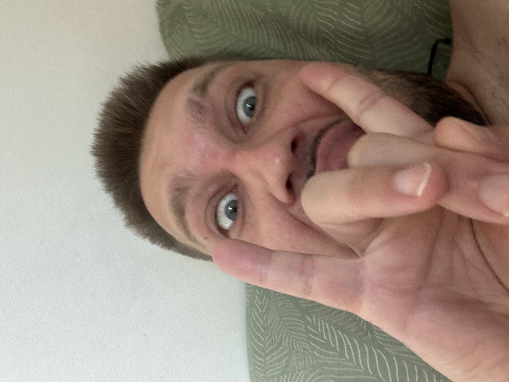 The image shows a close-up, selfie-style shot of a person's face, with their hand obscuring part of their face and making a rock and roll hand gesture. The person appears to be lying down, as evidenced by the pillow behind them, which has a green, patterned cover. The background is a plain, light-colored wall. The lighting suggests an indoor environment, possibly a bedroom. The image does not contain any information that would allow for determining its location within Zvezdara Urban Municipality, Serbia.
