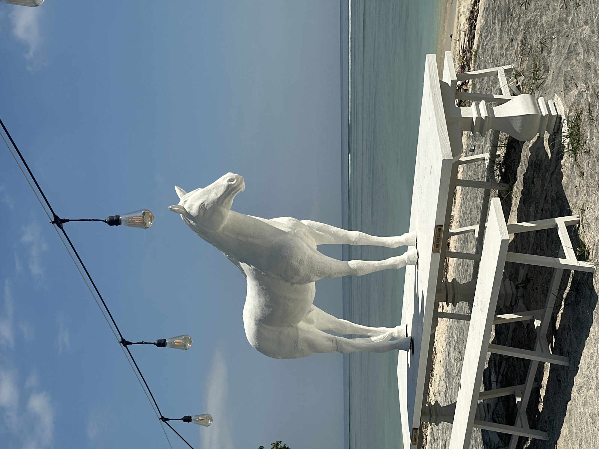 The image shows a white horse statue on a white wooden platform. The backdrop is a beach scene with a blue sky, light-colored sand, and turquoise ocean. A string of Edison bulb lights hangs in the left foreground. The photograph seems to be taken outdoors in Unknown, Indonesia, near the shoreline.